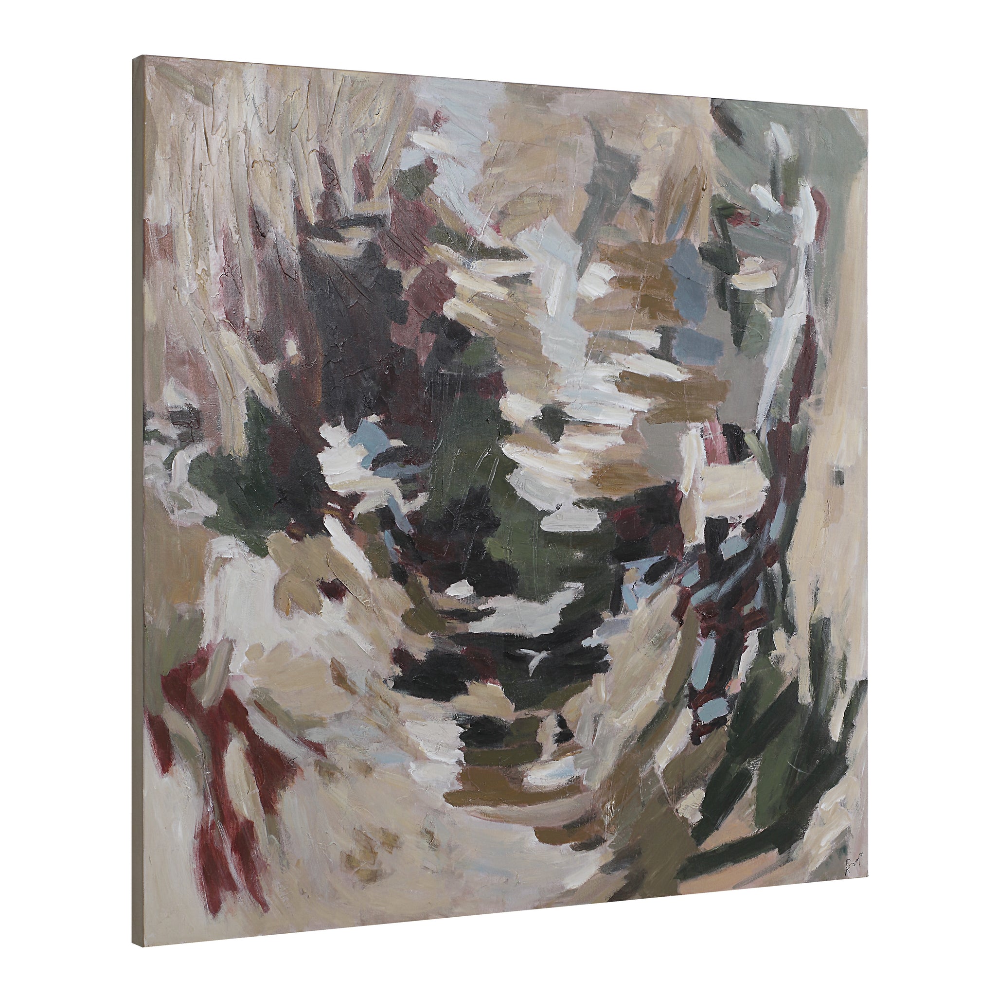 Ardesia canvas art displayed at an angle, showcasing abstract patterns in muted colors.