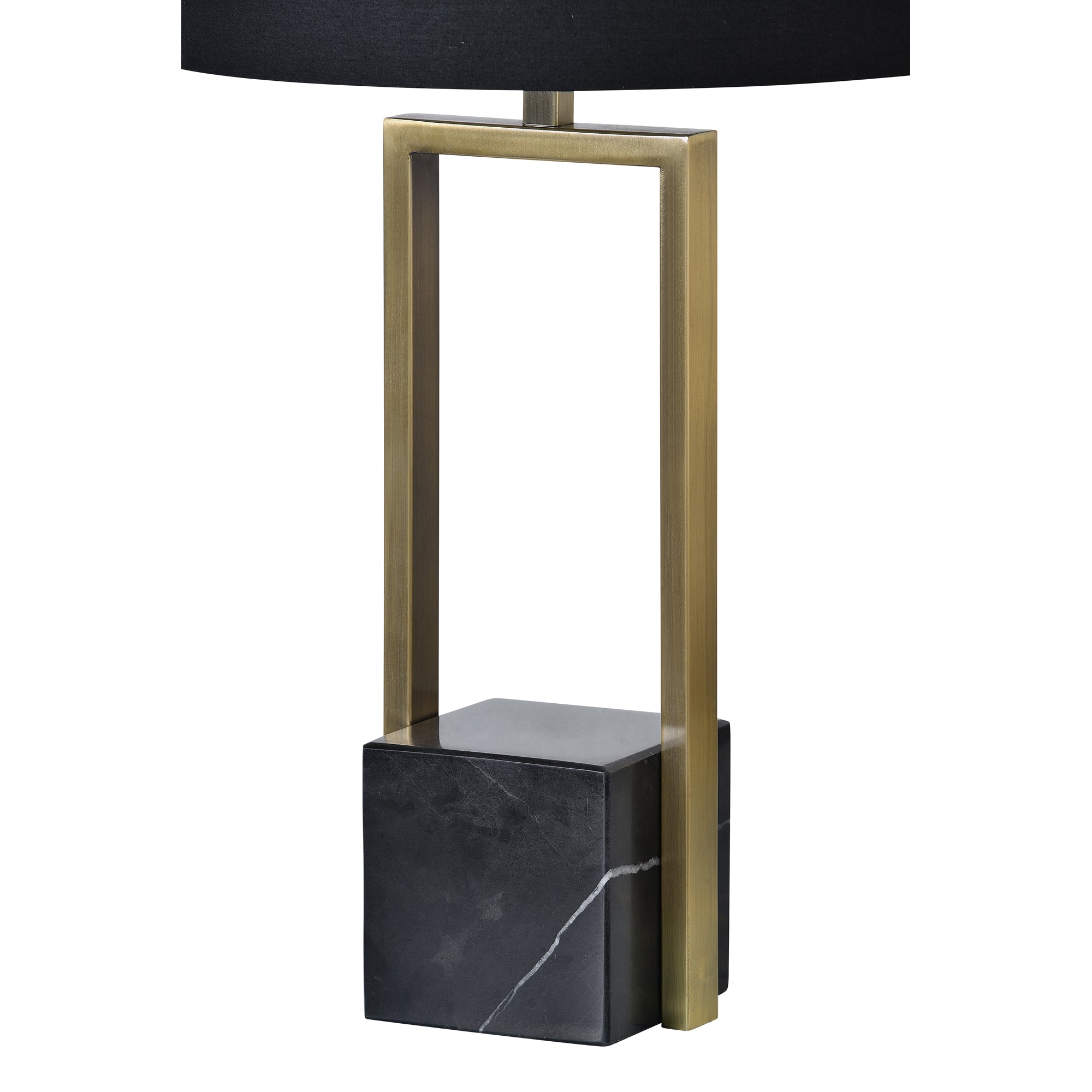 Arla Table Lamp showcasing a close-up of the black shade and gold metal structure with a marble base.