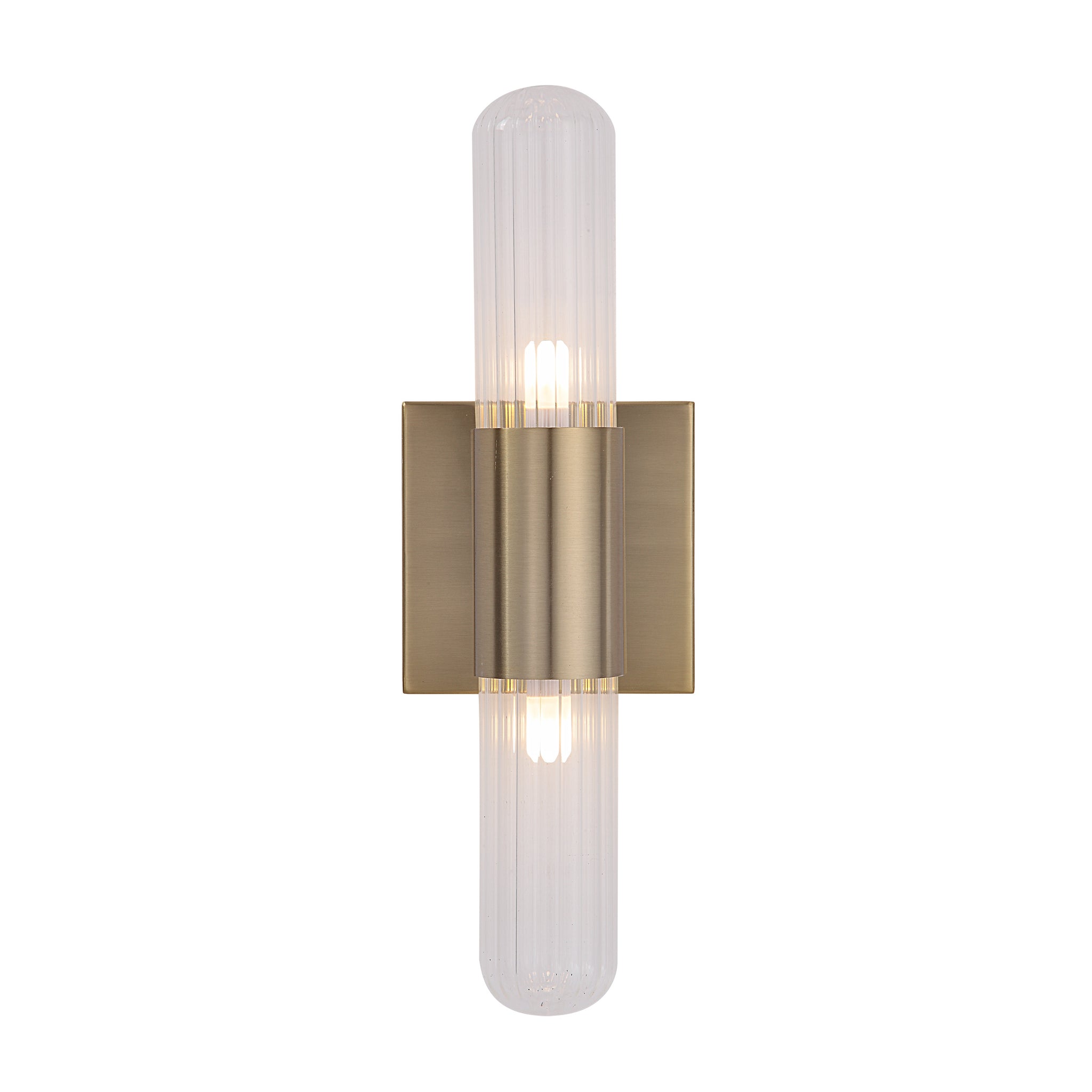 Chiara Wall Sconce with dual bulbs, clear ribbed glass, and brass accents, front view
