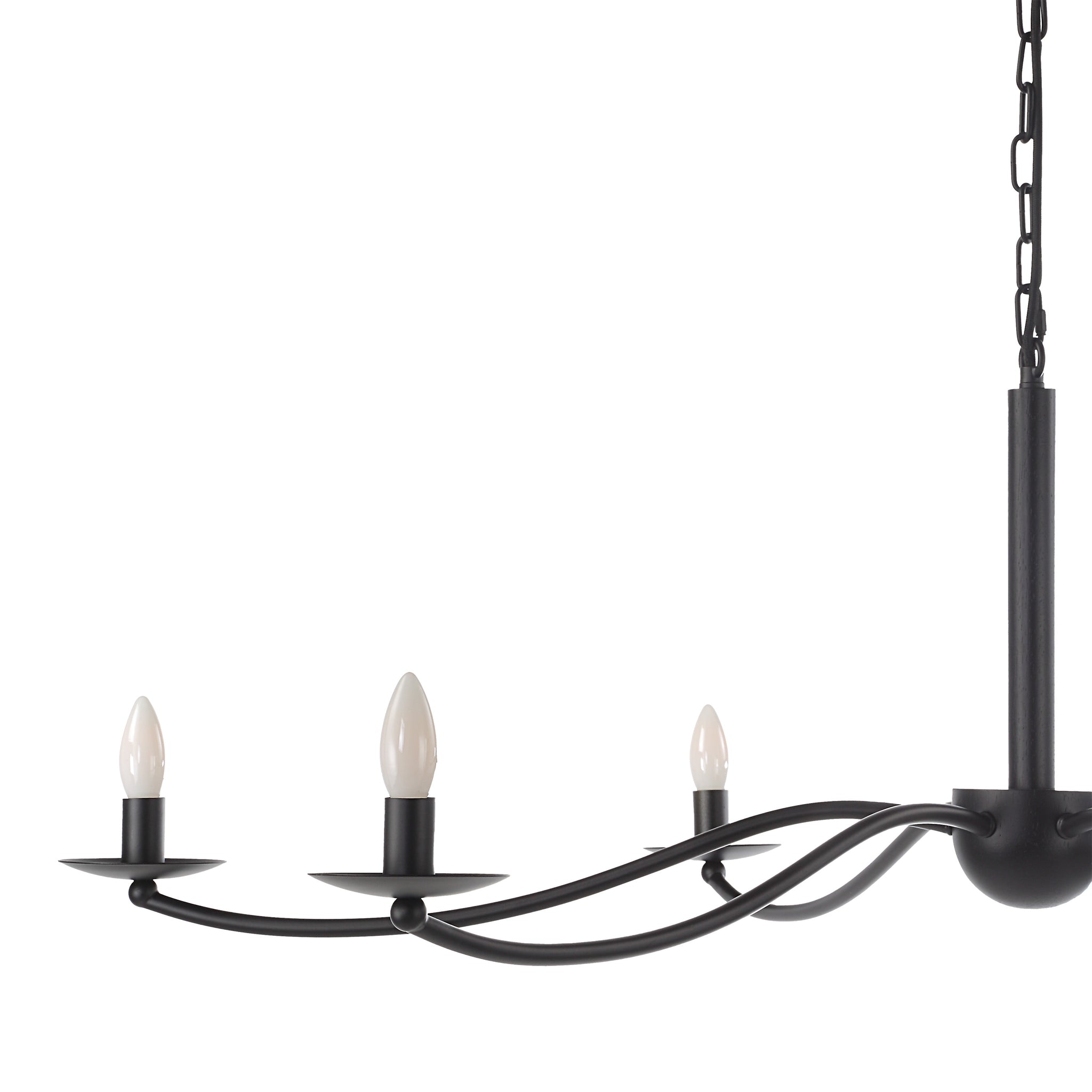 Landen chandelier by Renwil, close-up view of black metal arms with three candle-style lights.