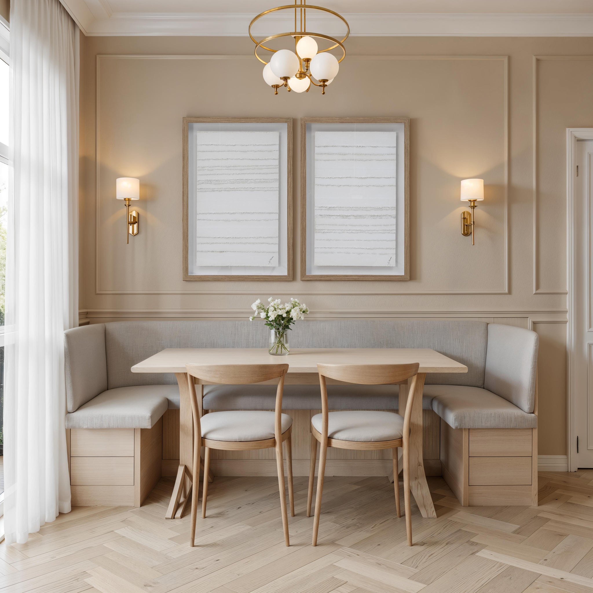 Trax wall art by Renwil displayed in a dining area with a wooden table and chairs.