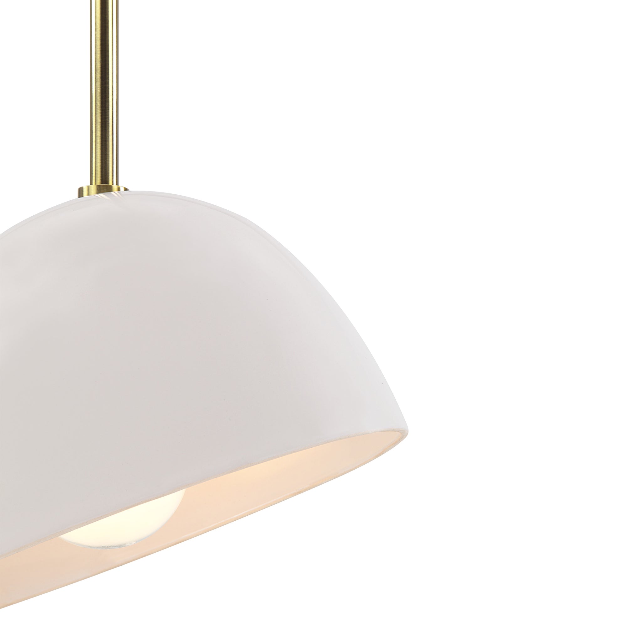 Close-up of Corio Ceiling Fixture showing the white dome shade and brass rod.
