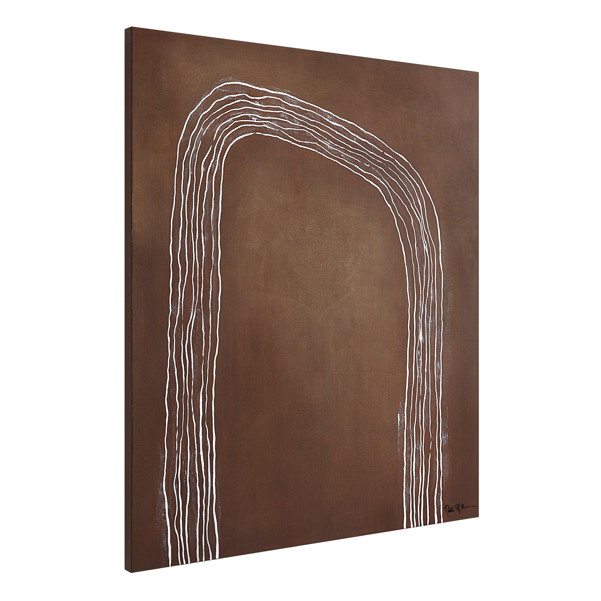 Fallbrook Canvas Art with white lines on a brown canvas, angled view