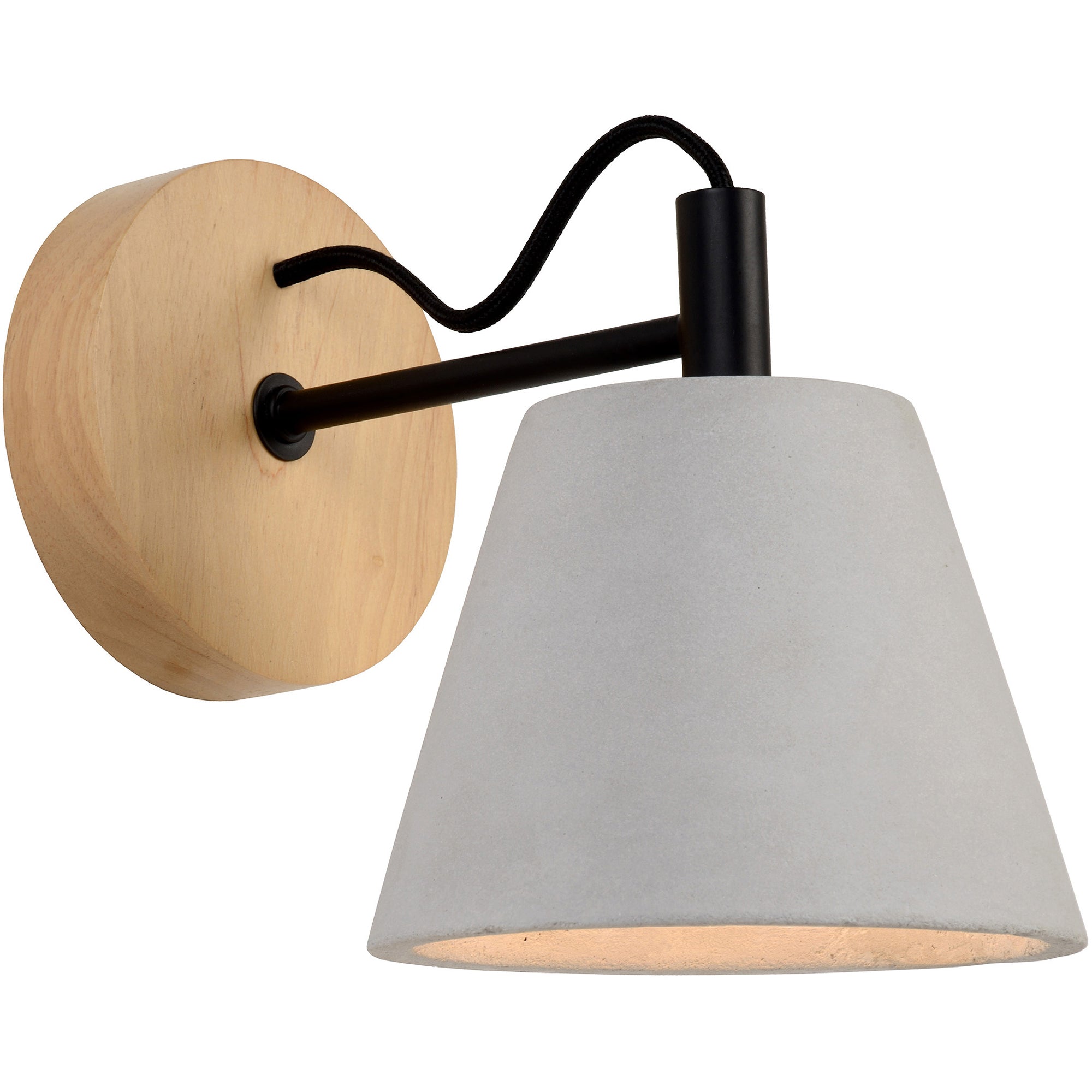 Turtle Bay Wall Sconce showcasing a gray concrete shade, black arm, and light wood backplate.