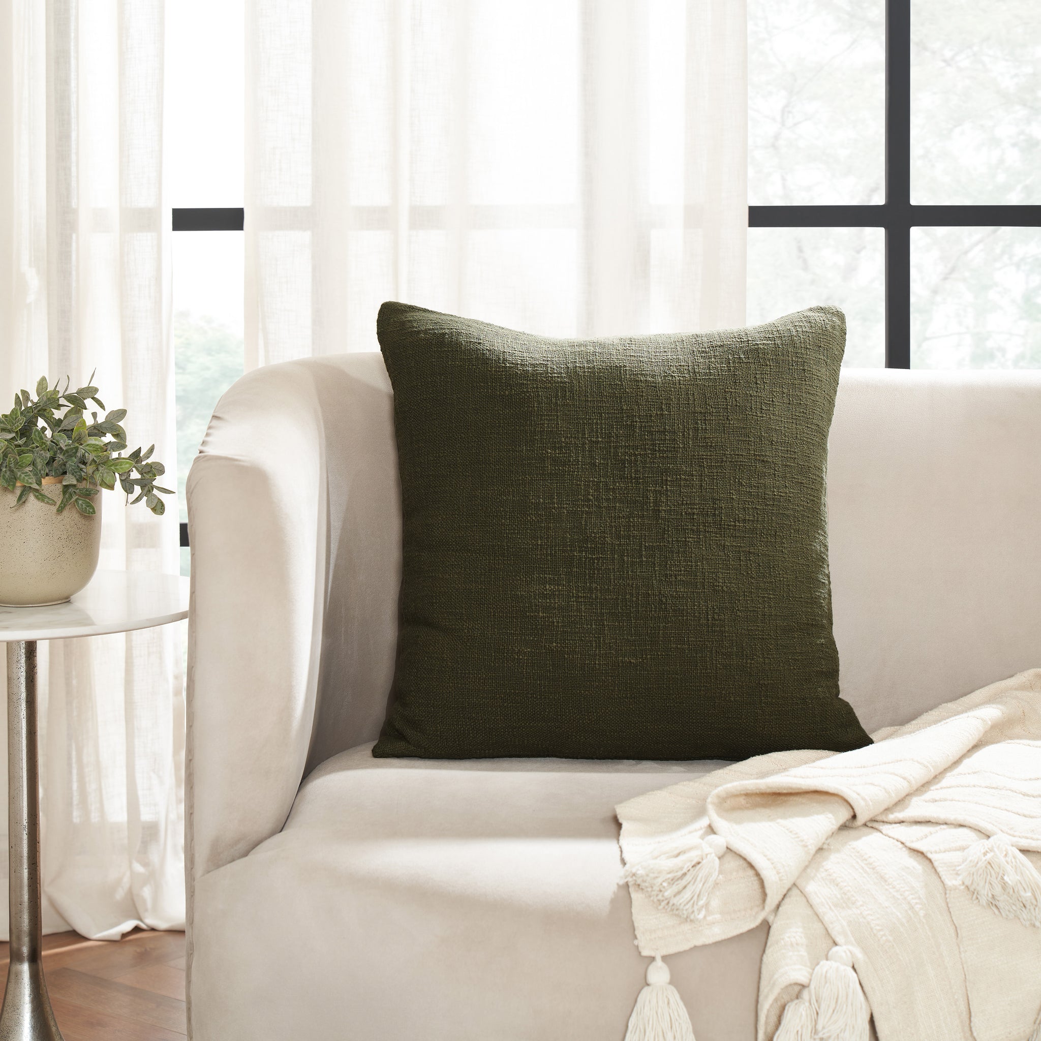 Sandro indoor pillow in dark green placed on a light-colored couch with a plant nearby.