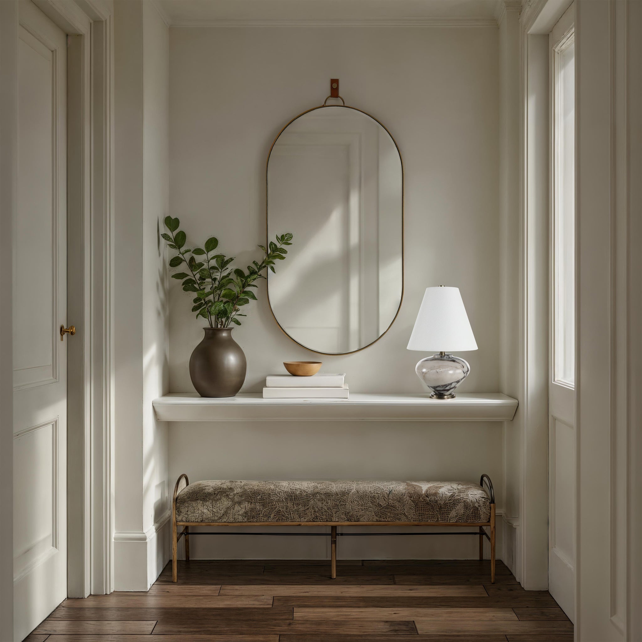 Hudson mirror with an oval shape and gold frame, displayed above a console table with a vase, lamp, and decorative items.