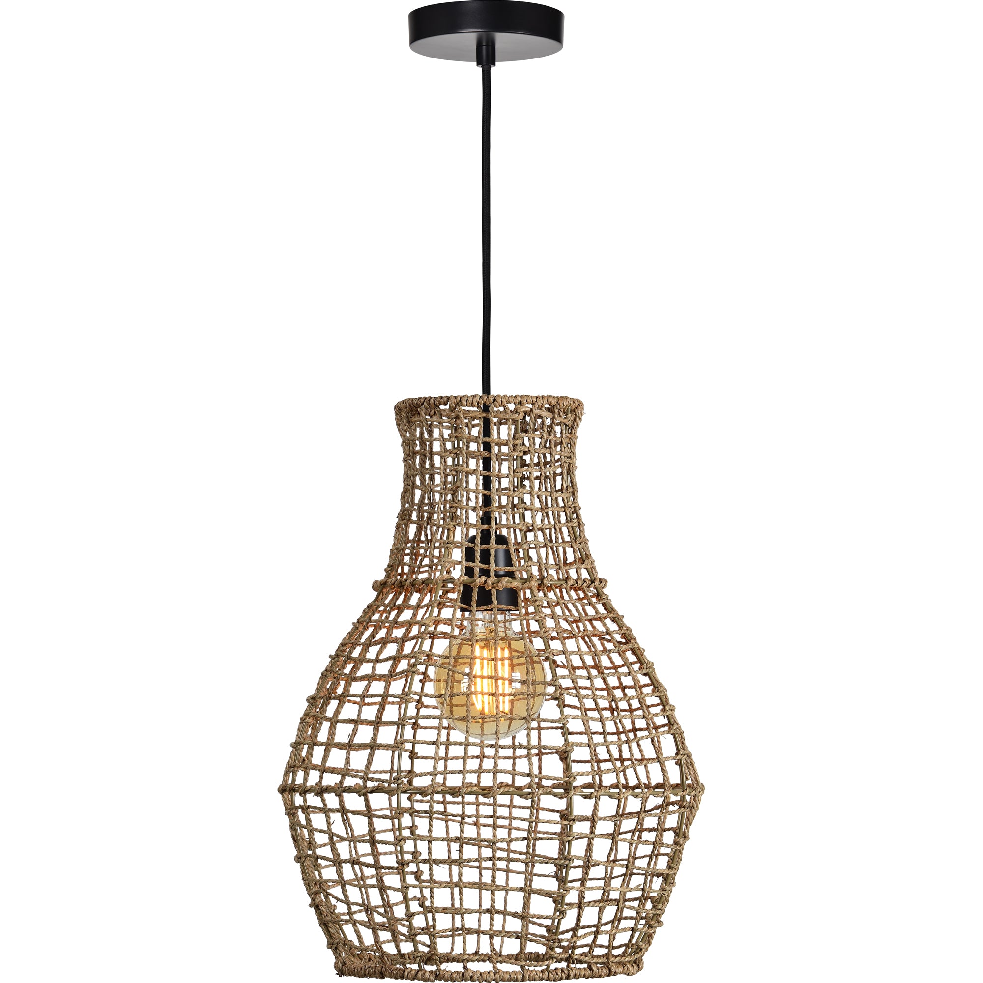 Nahanni Ceiling Fixture featuring a woven natural rattan design with a black ceiling mount.