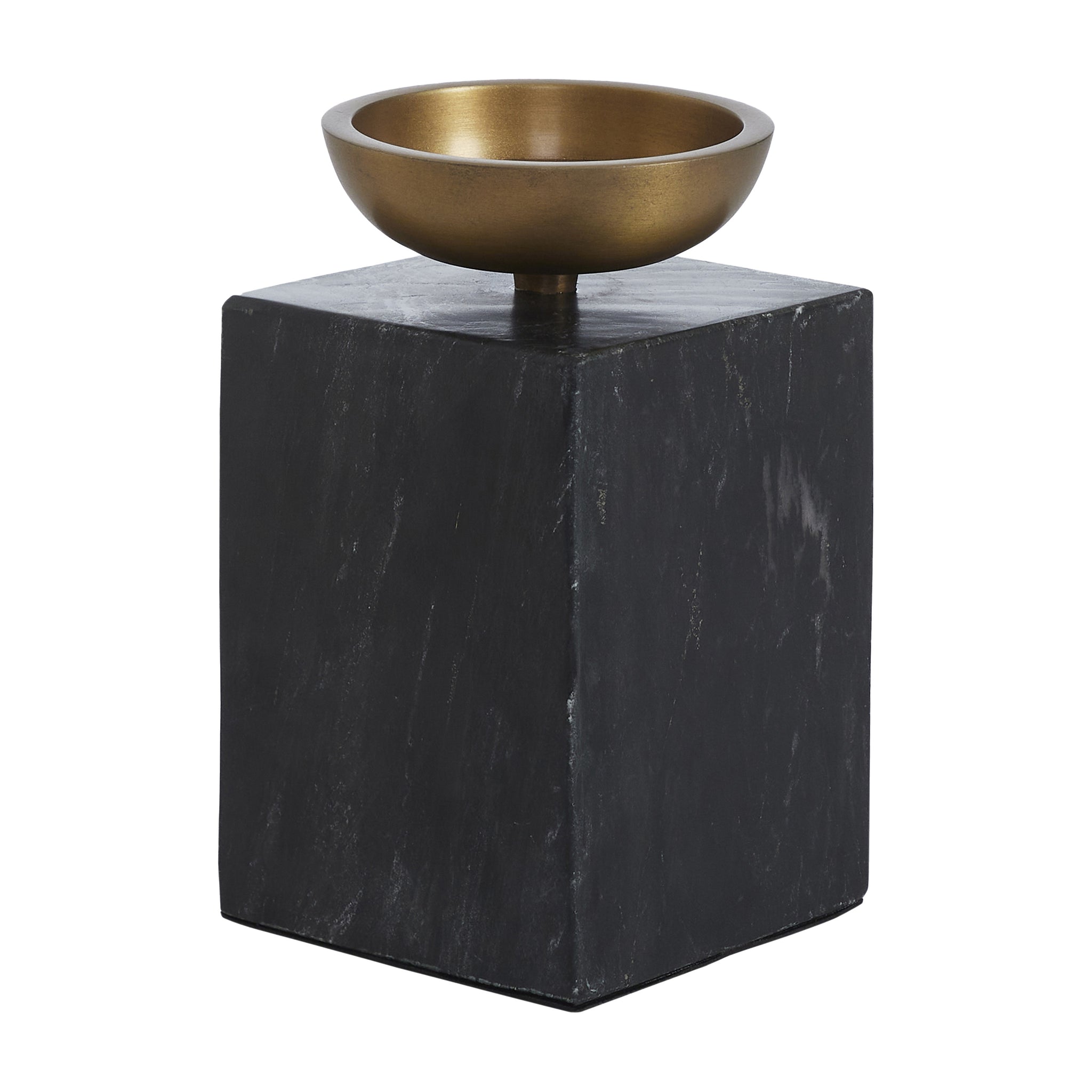 Poema candle holder with a black square base and a round brass bowl on top