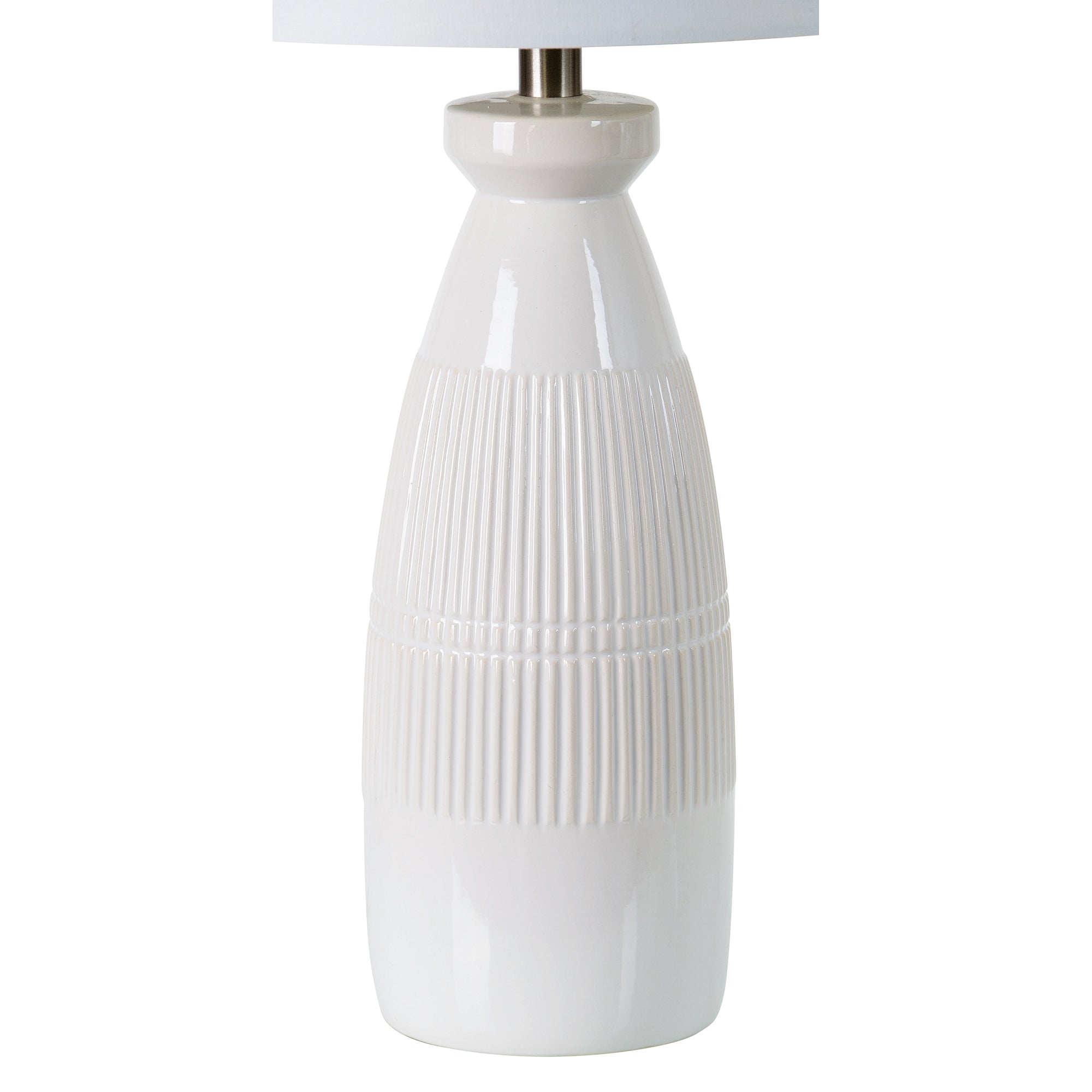 Nado Table Lamp showcasing a close-up of its ribbed ceramic base in white