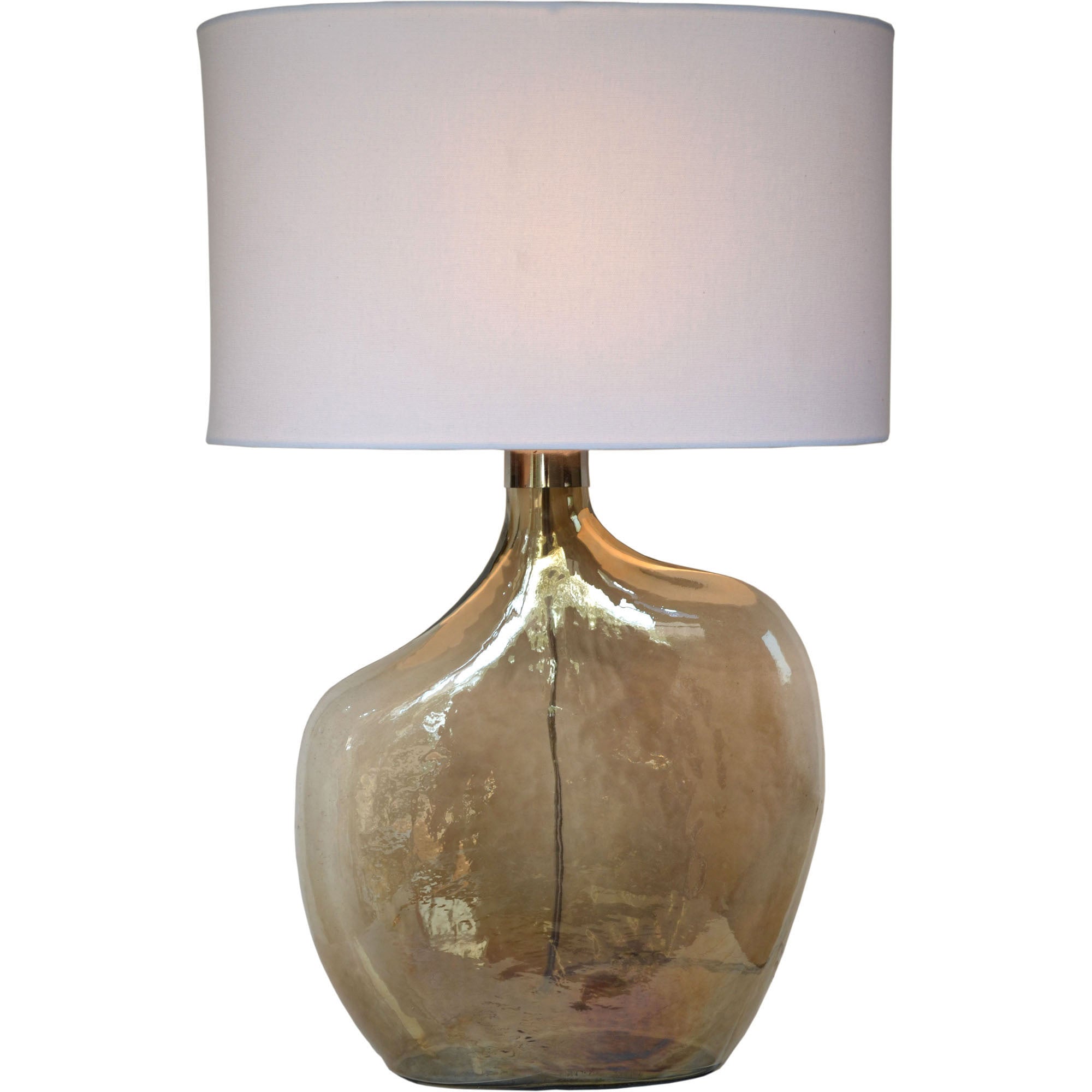 Benedek Table Lamp with a shiny gold glass base and white fabric shade