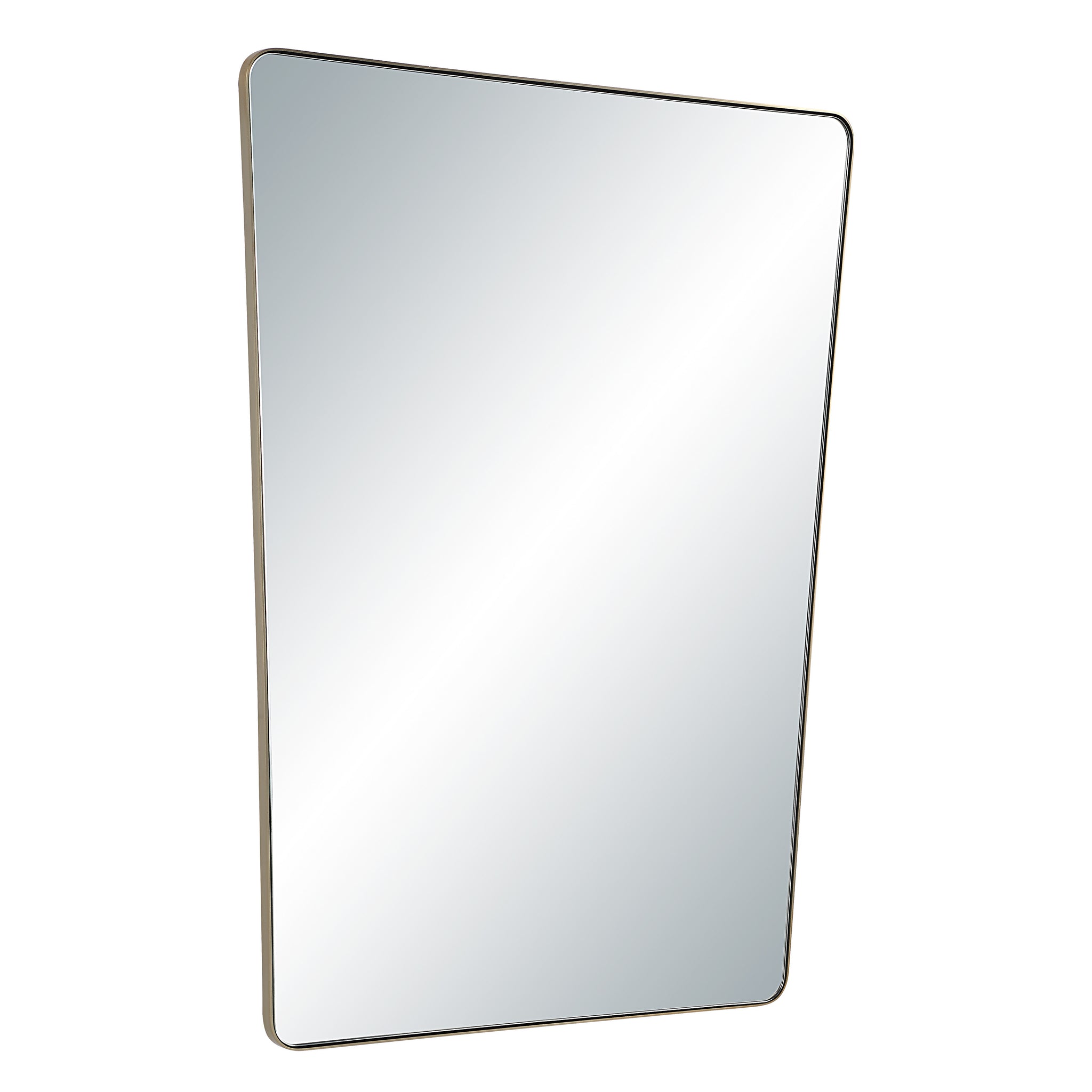 Mily mirror angled view showcasing its contemporary shape and reflective surface.