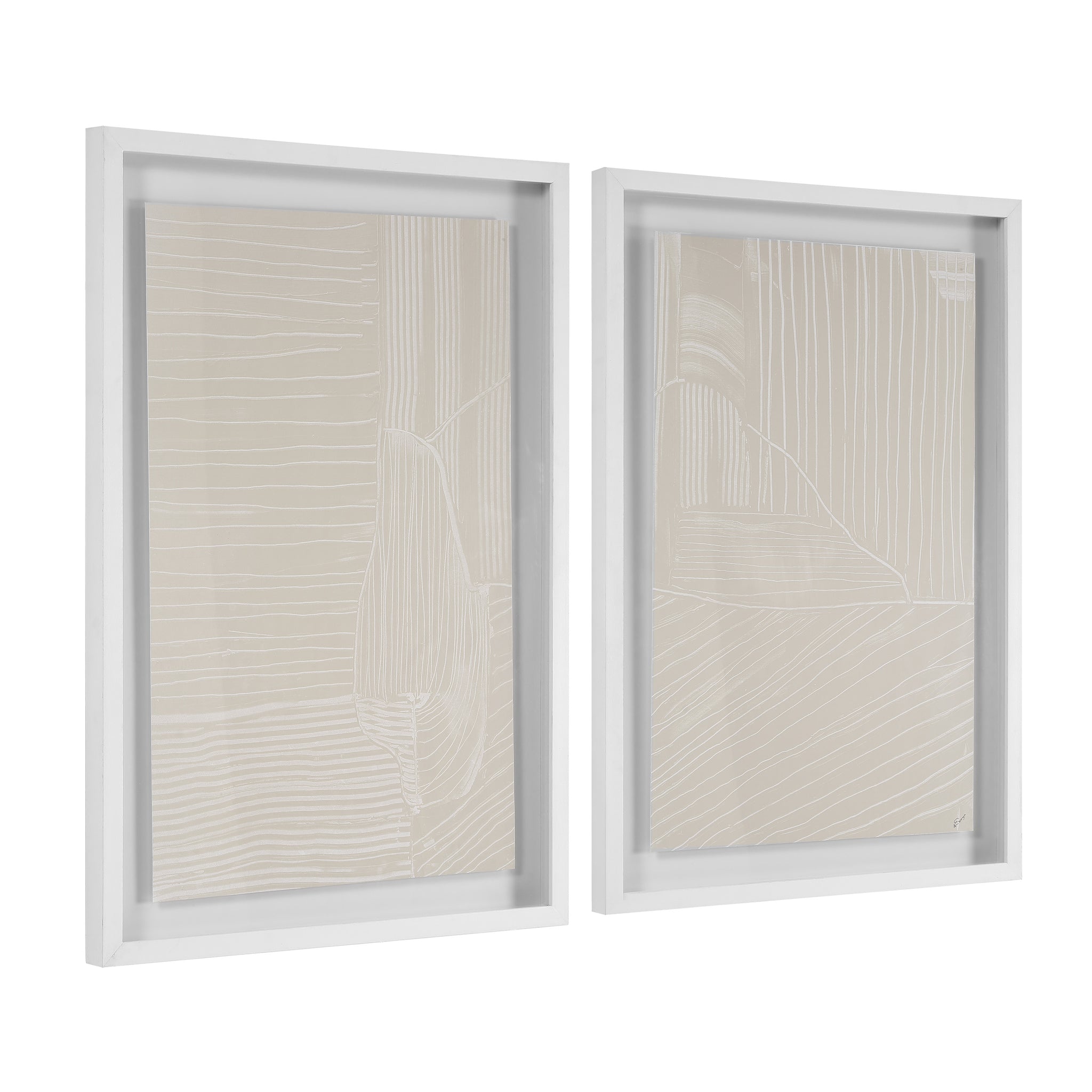 Marlon wall art showing two beige framed artworks with textured line designs.