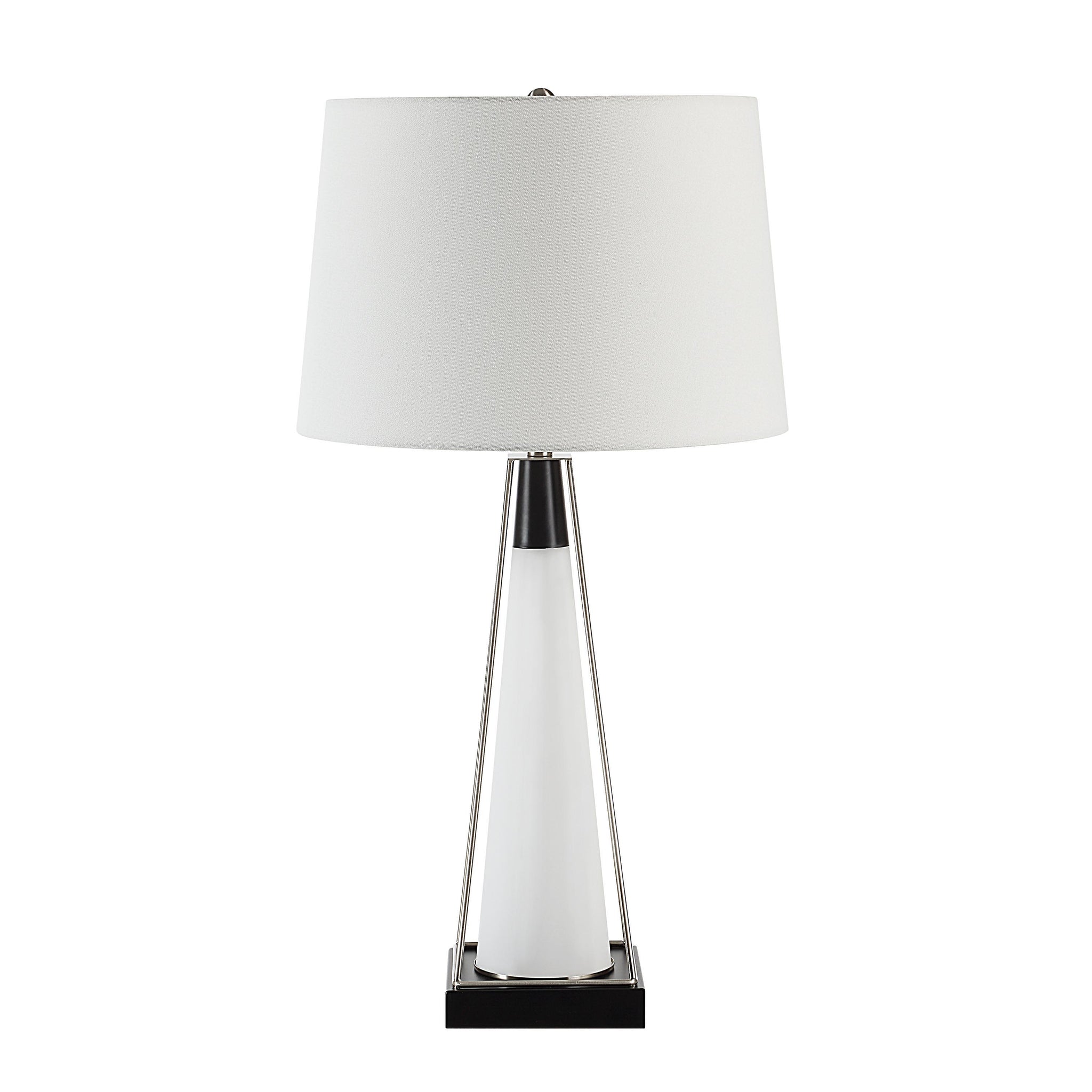 Navagio Table Lamp showcasing a white shade and a modern white and black design with a geometric base.