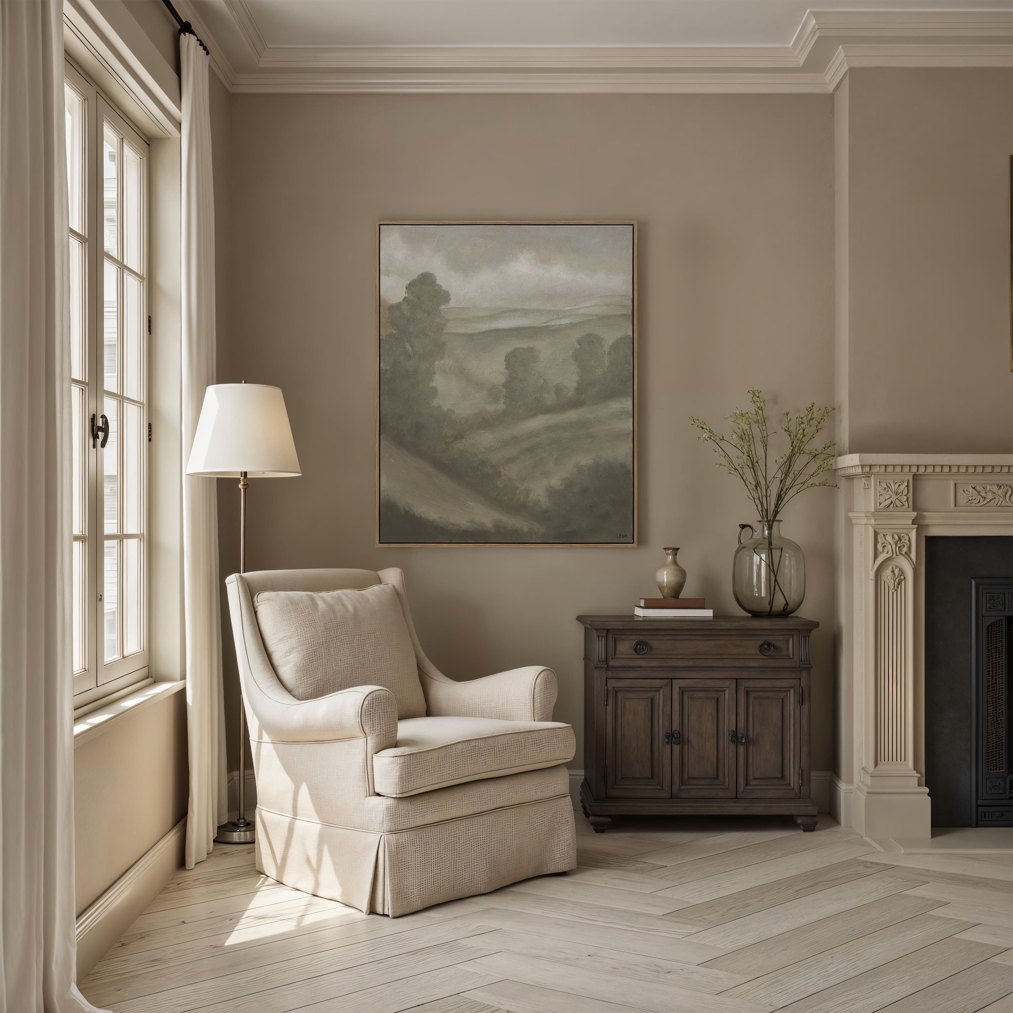 Bruma canvas art displayed in a cozy living room setting with a beige armchair and wooden furniture.