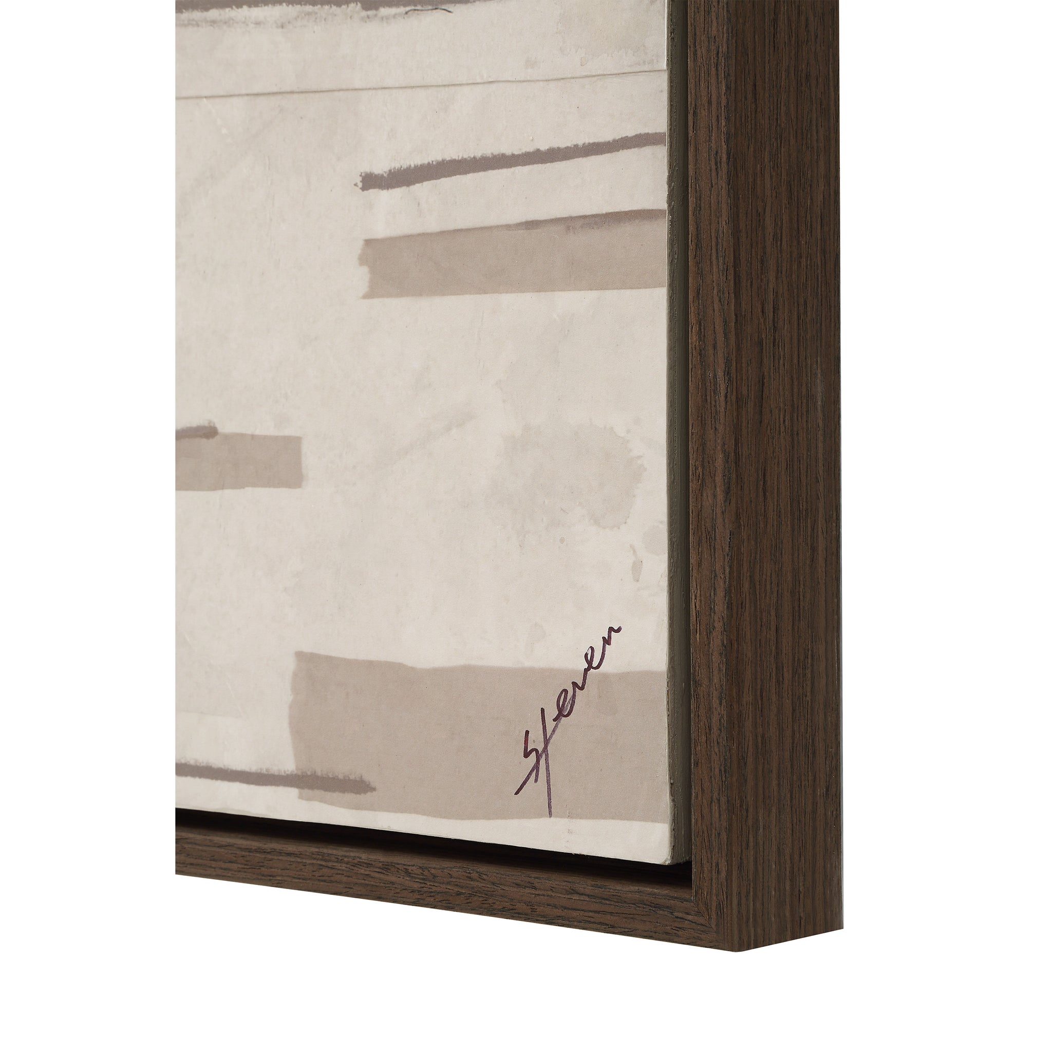 Close-up of Sediment canvas art showing textured beige background with brown lines and a signature.