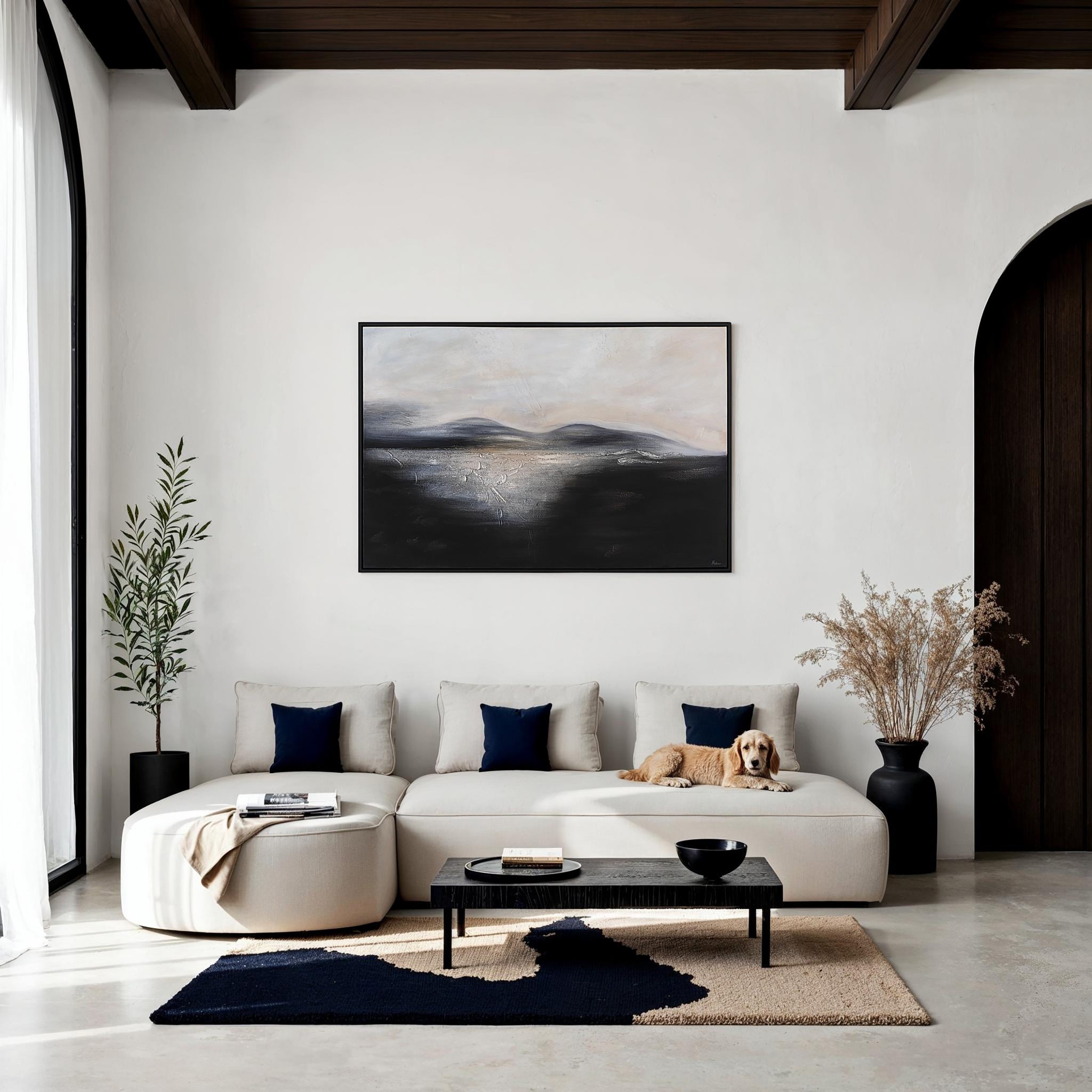 Suez canvas art displayed in a modern living room setting above a light-colored sofa.