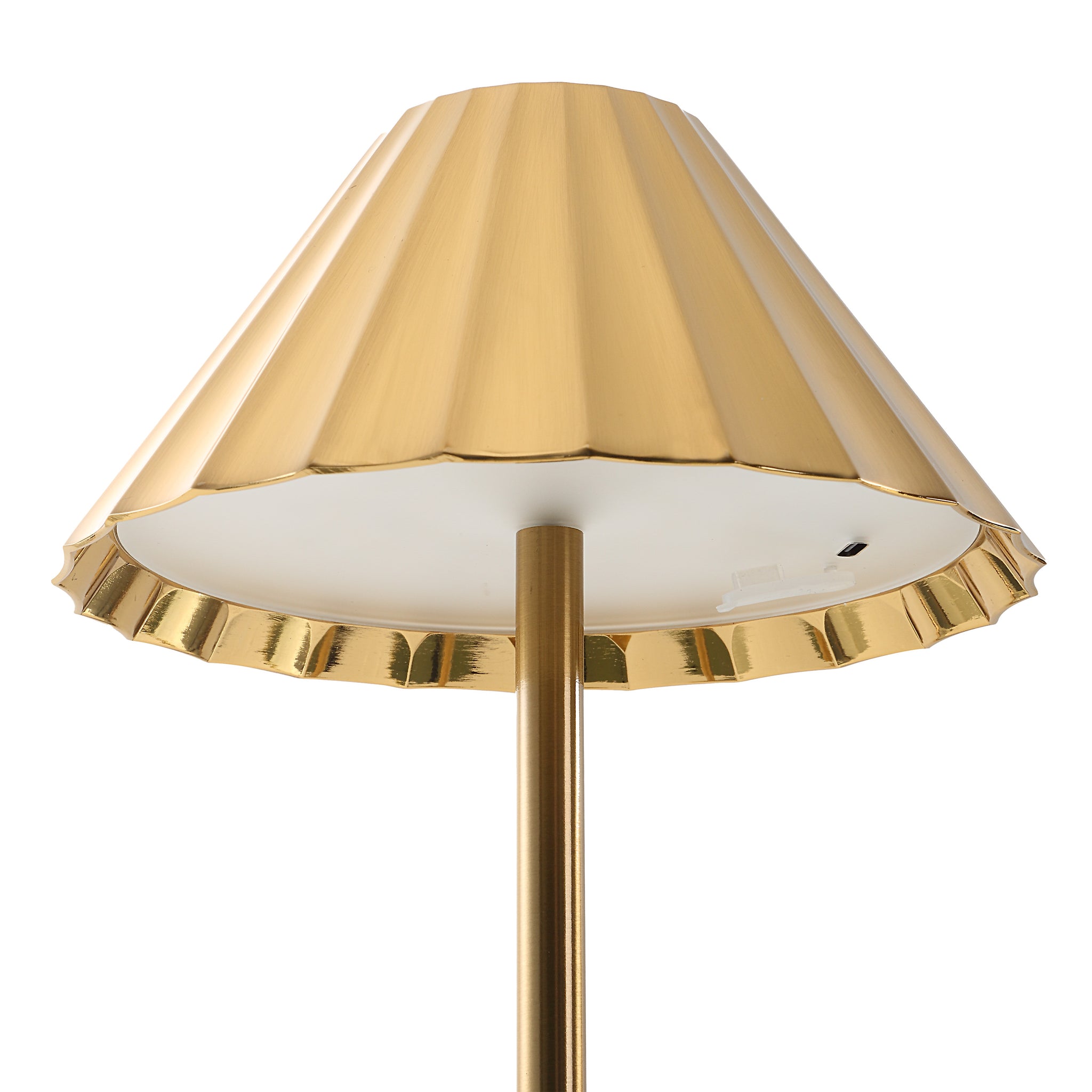 Close-up of Ginevra table lamp showing the gold pleated shade and interior.