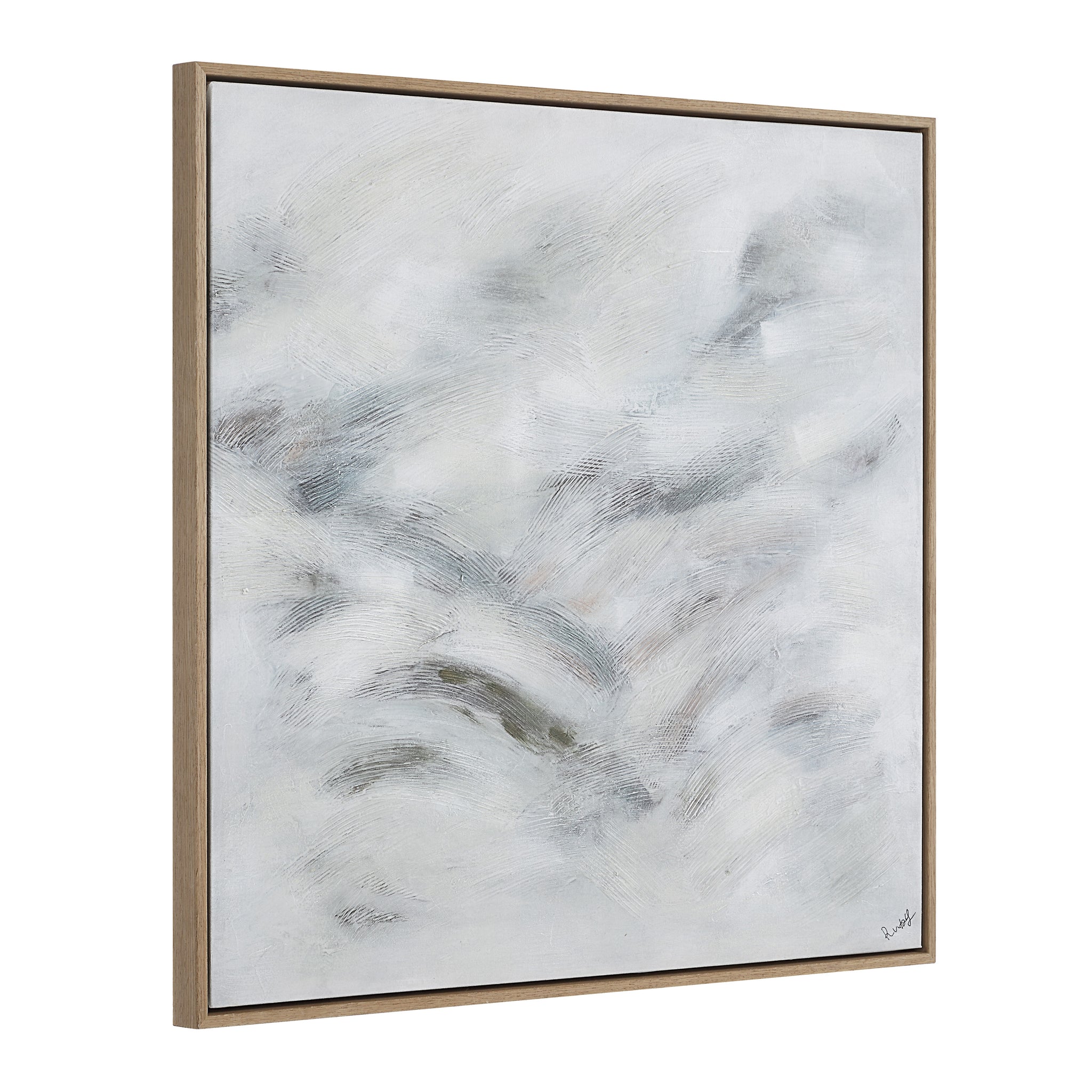 Becks canvas art featuring abstract light gray and white brush strokes in a wooden frame