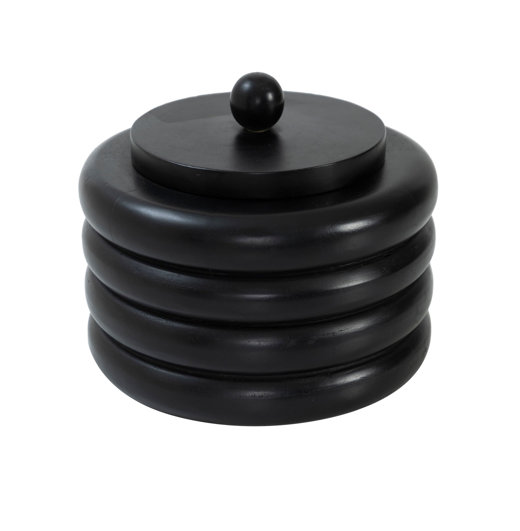 Cipher bookends by Renwil, black wood with a stacked circular design and a round top.