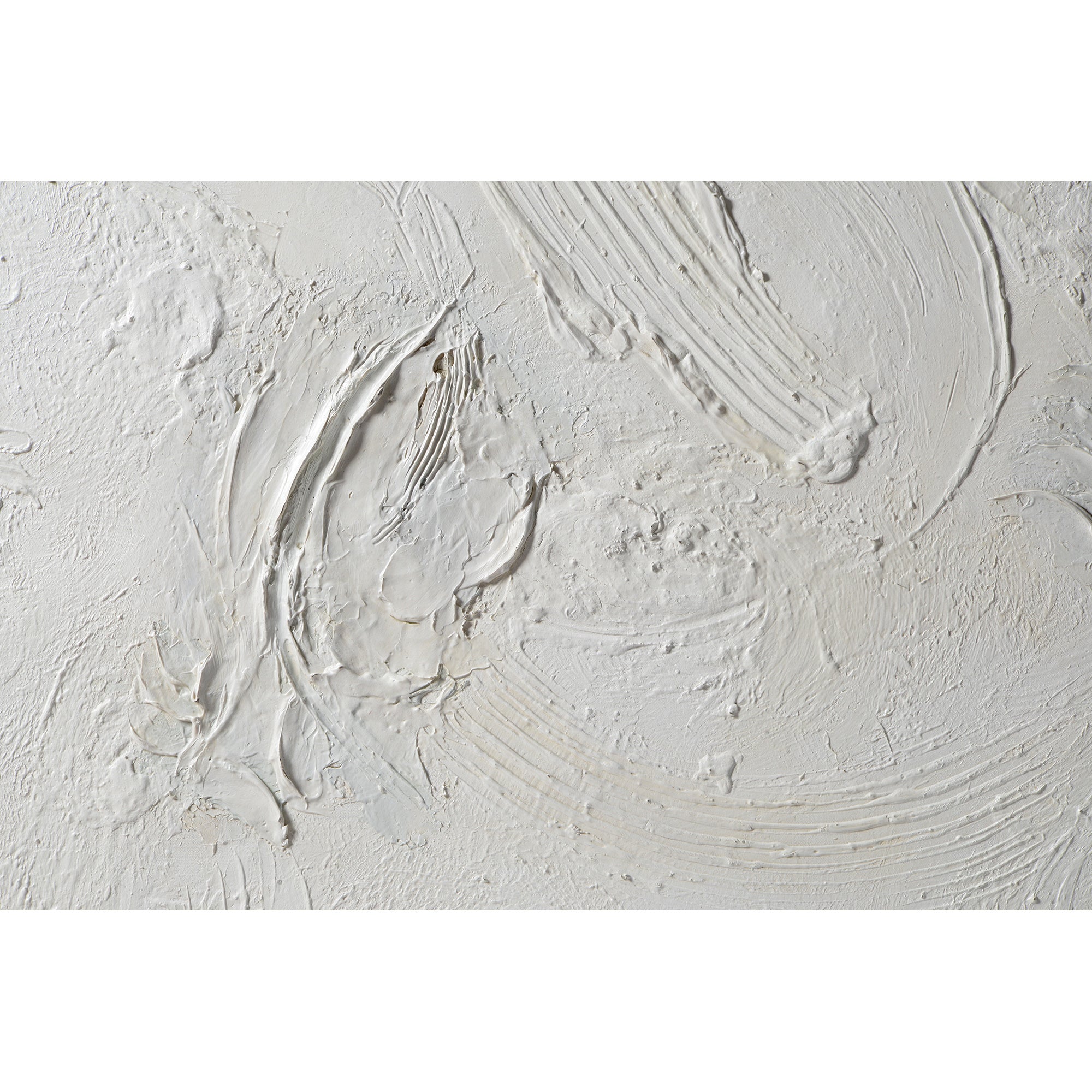 Close-up of Yanno canvas art displaying intricate white textures and brush strokes.