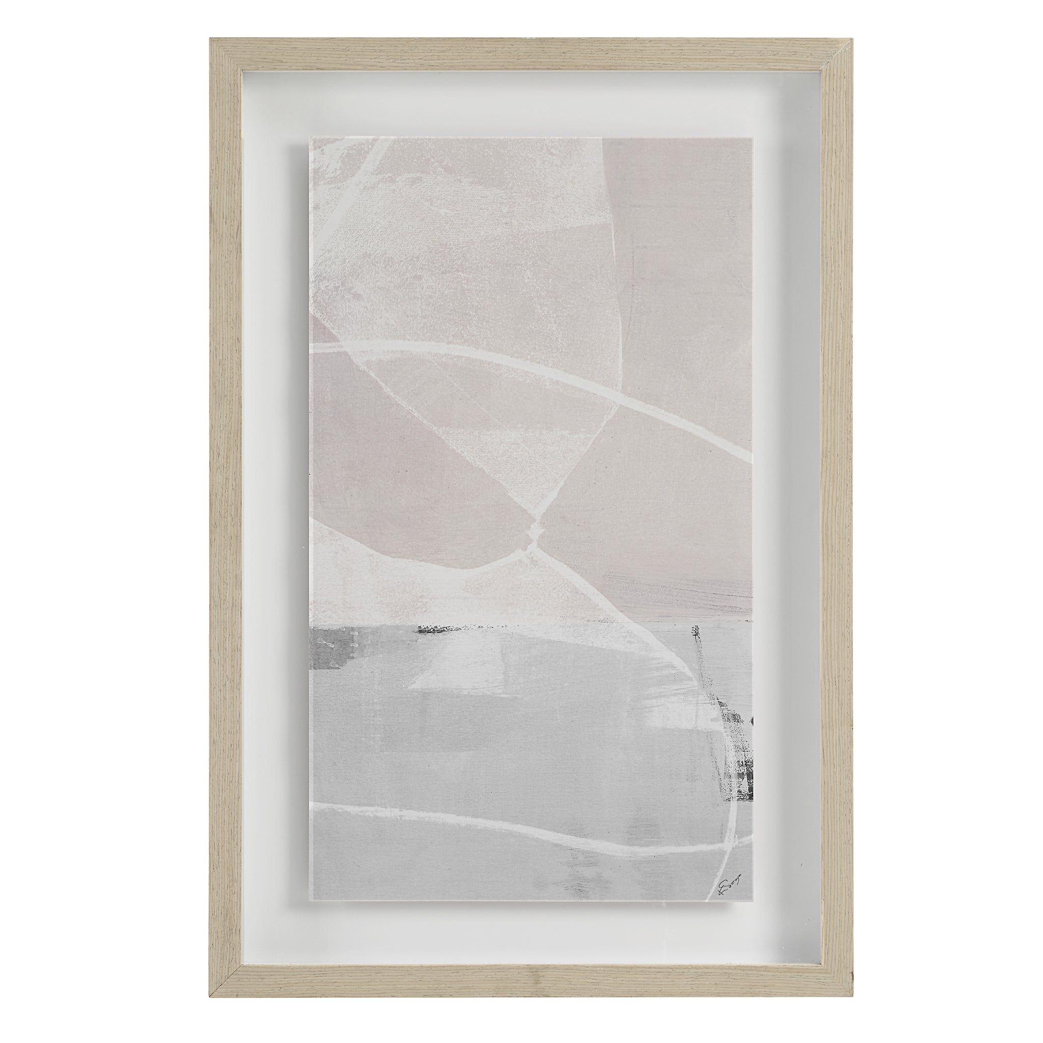 Rovereto Wall Decor displaying abstract patterns in soft pink and gray, framed in natural wood.