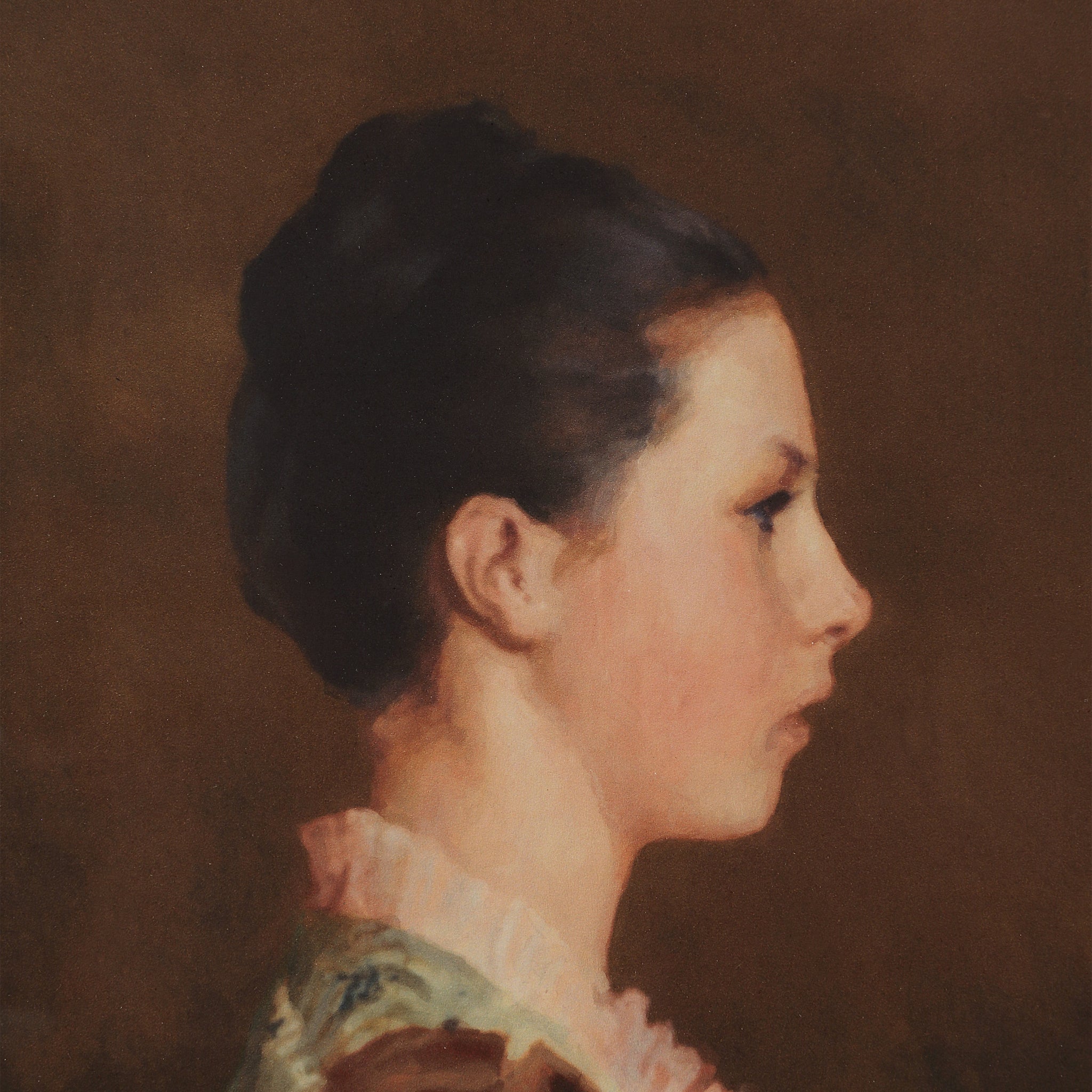 Close-up of Madeleine canvas art depicting a woman's profile with a dark background.