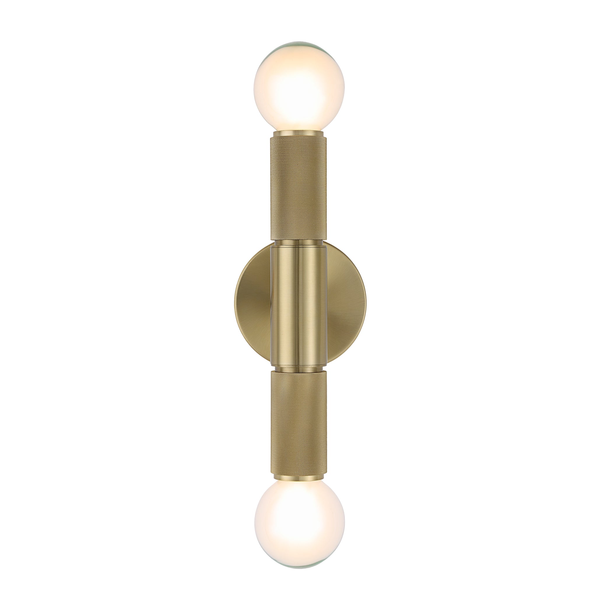 Tovi Wall Sconce in brass with two glowing globes and sleek design