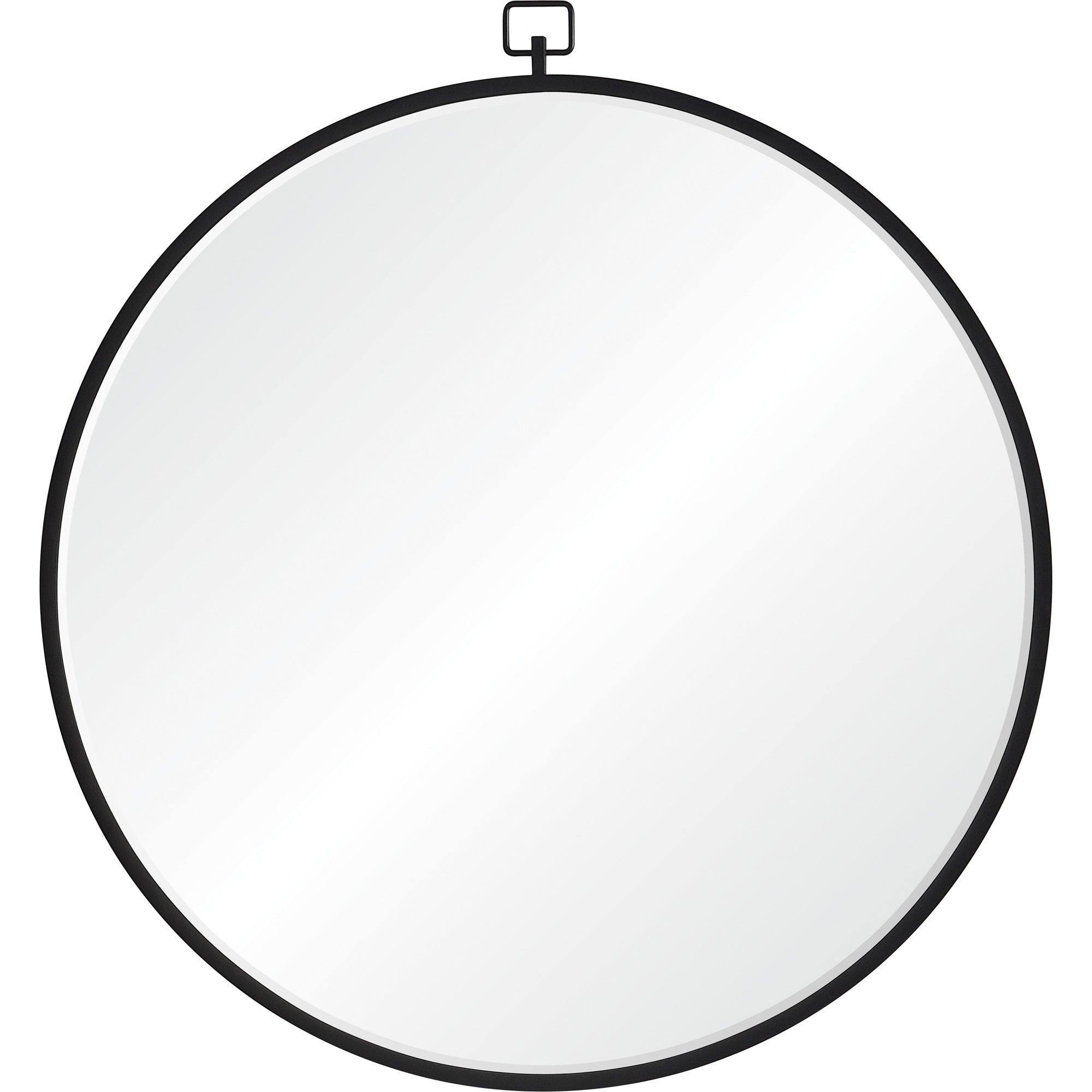 Rayden Wall Mirror with a round shape and black metal frame, featuring a hanging loop.