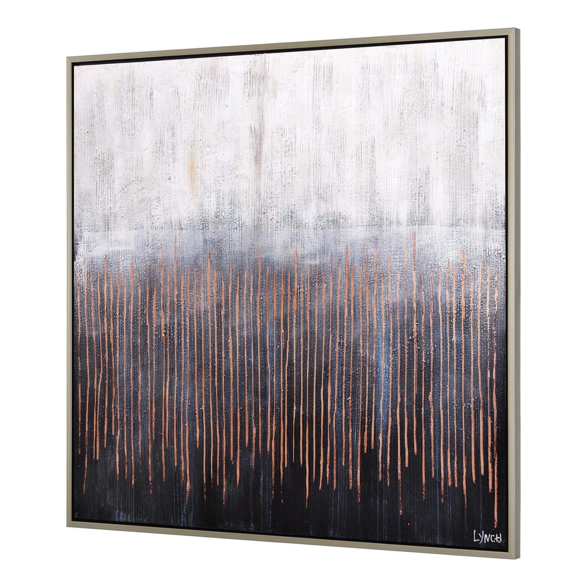 Flynn canvas art showing abstract copper line patterns against a gray and black backdrop.