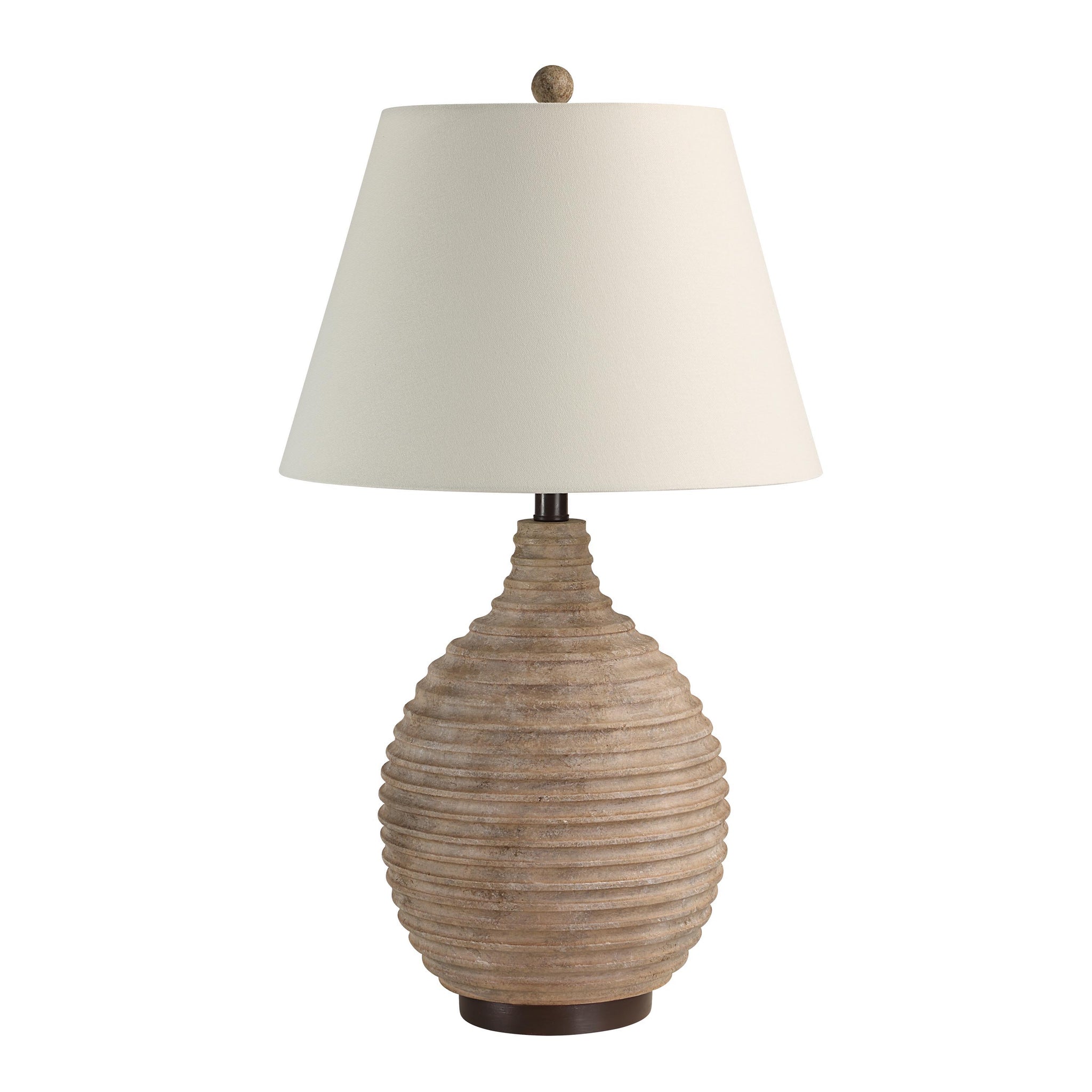Cebada table lamp by Renwil with a textured beige ceramic base and white fabric shade.