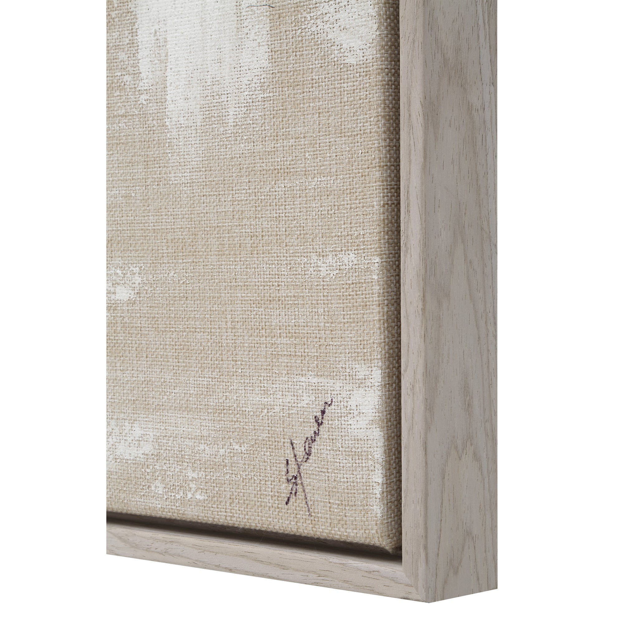 Quatro canvas art close-up showing textured beige fabric and signature on the side