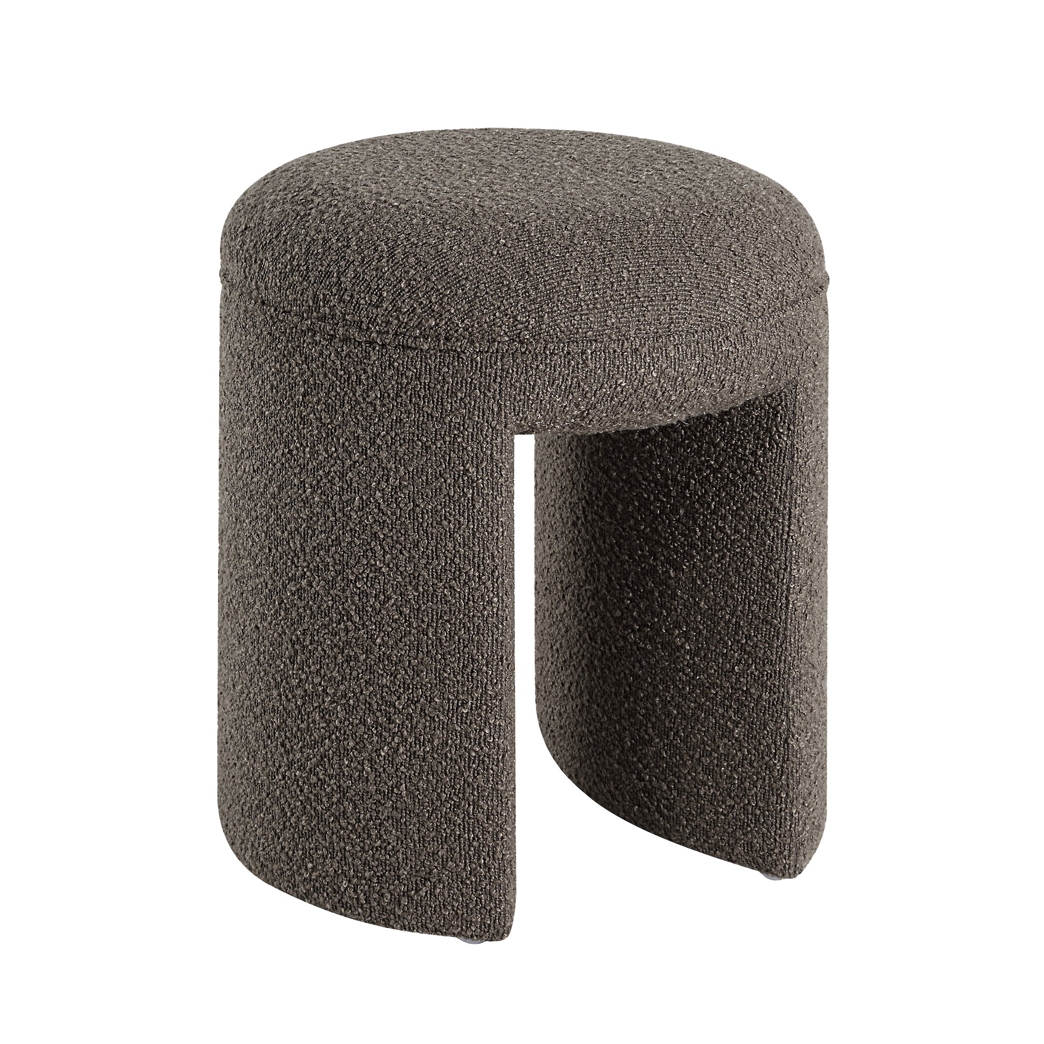 Amarion stool by Renwil featuring a rounded top and two open legs in textured dark gray fabric