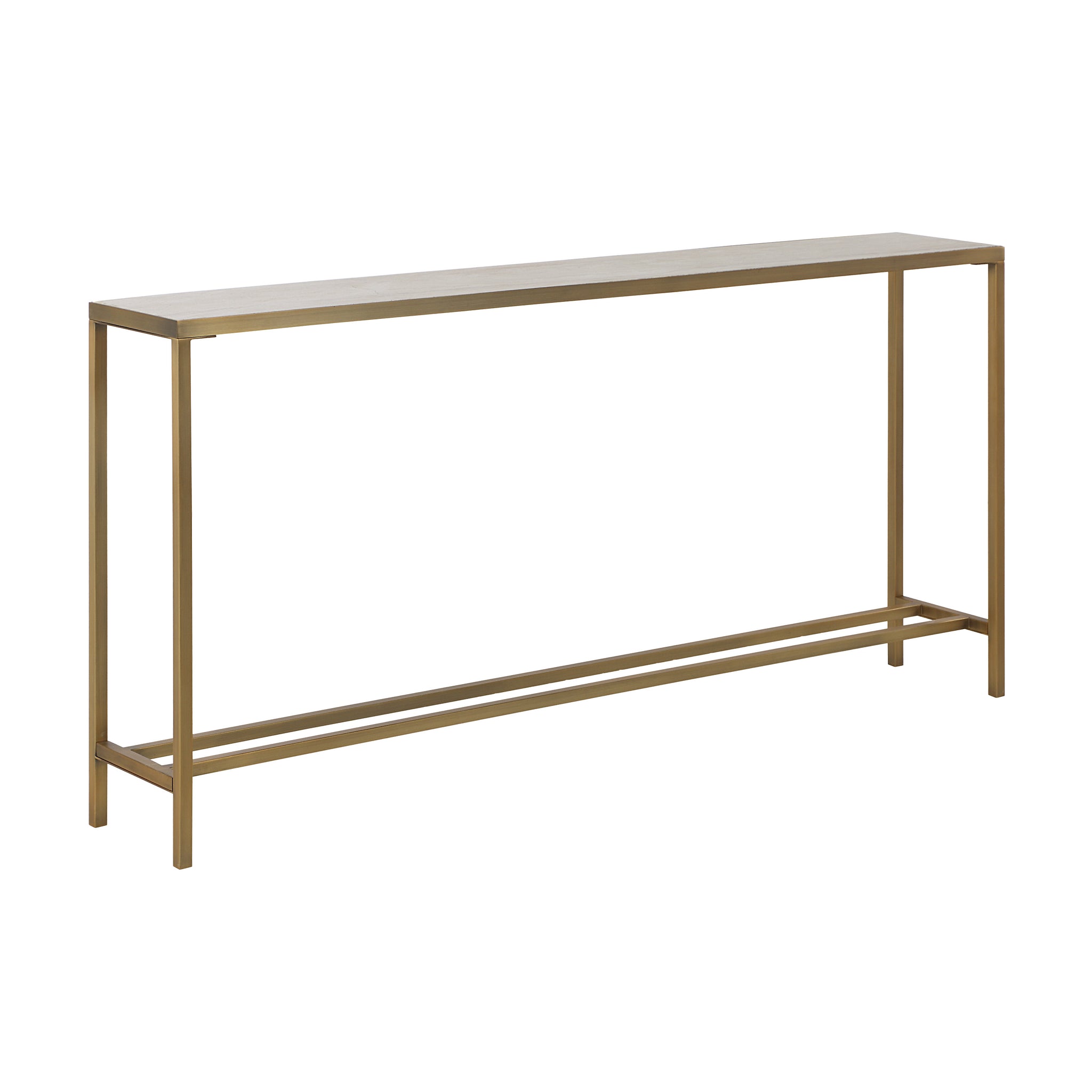 Bodin Console Table featuring a gold metal frame and light wood top, angled view