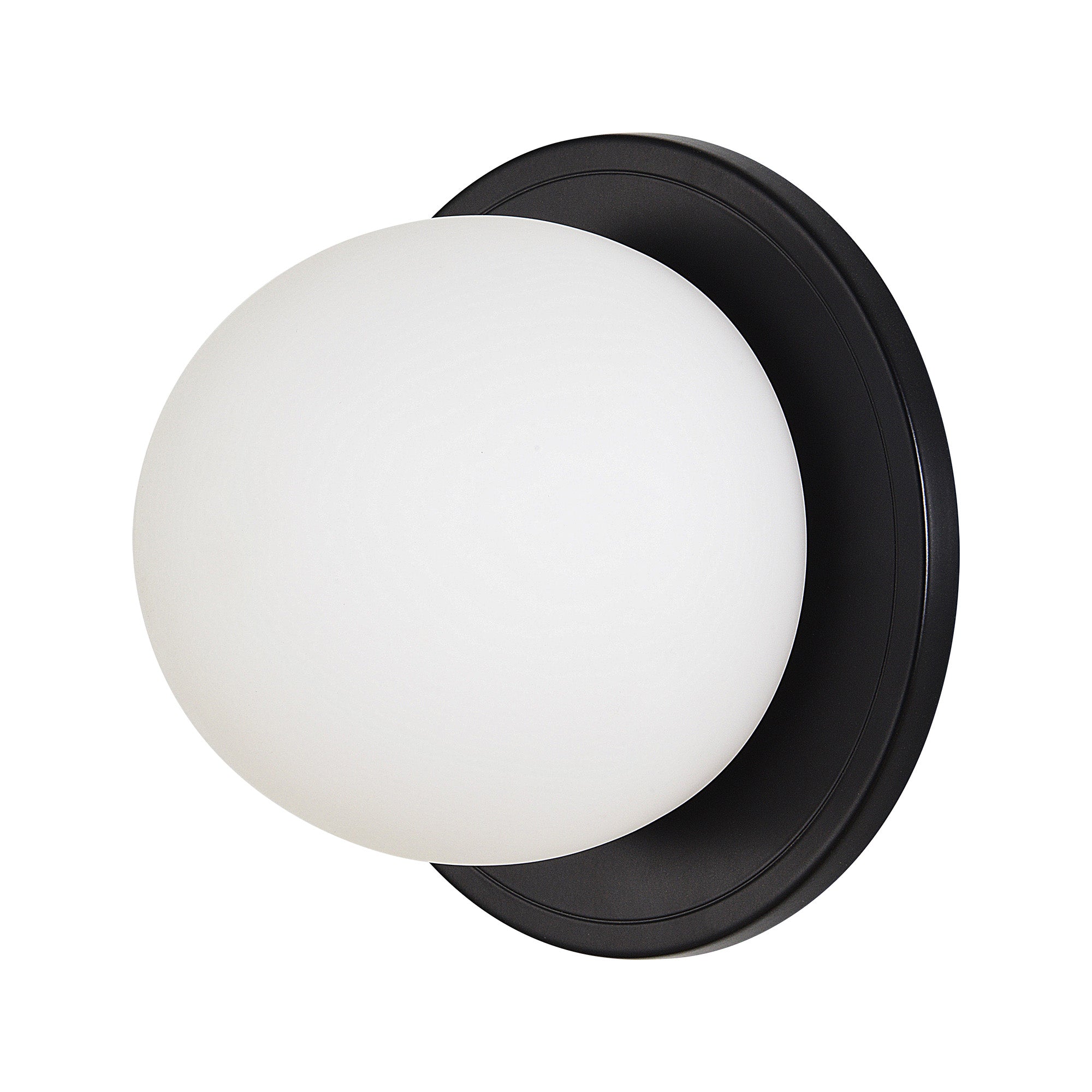 Sybil Wall Sconce with a round white glass shade and black circular base