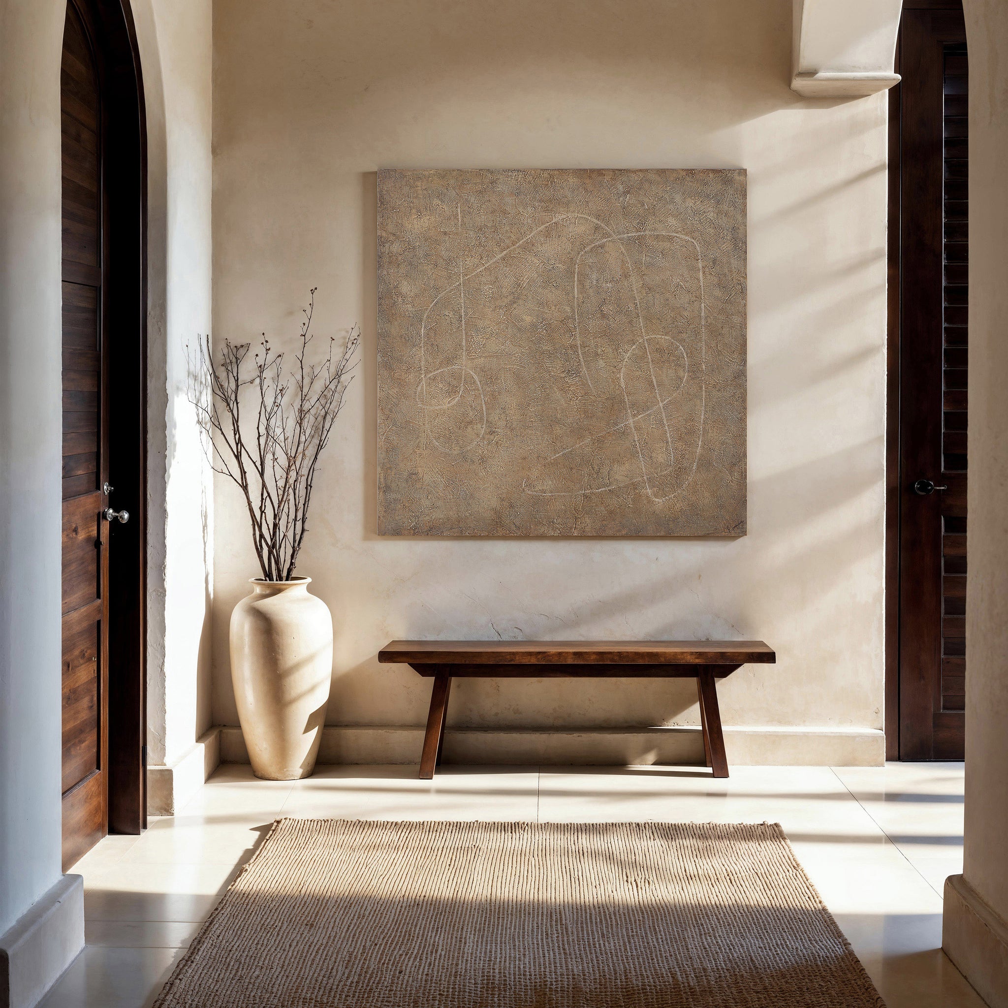 Berkeley canvas art featuring abstract beige design, displayed in a sunlit entryway with wooden bench and vase.