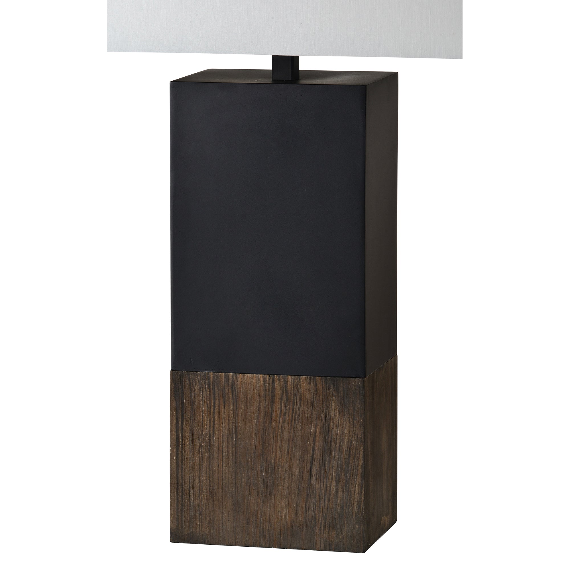 Broma Table Lamp showcasing a sleek black body and wooden base, topped with a white shade.