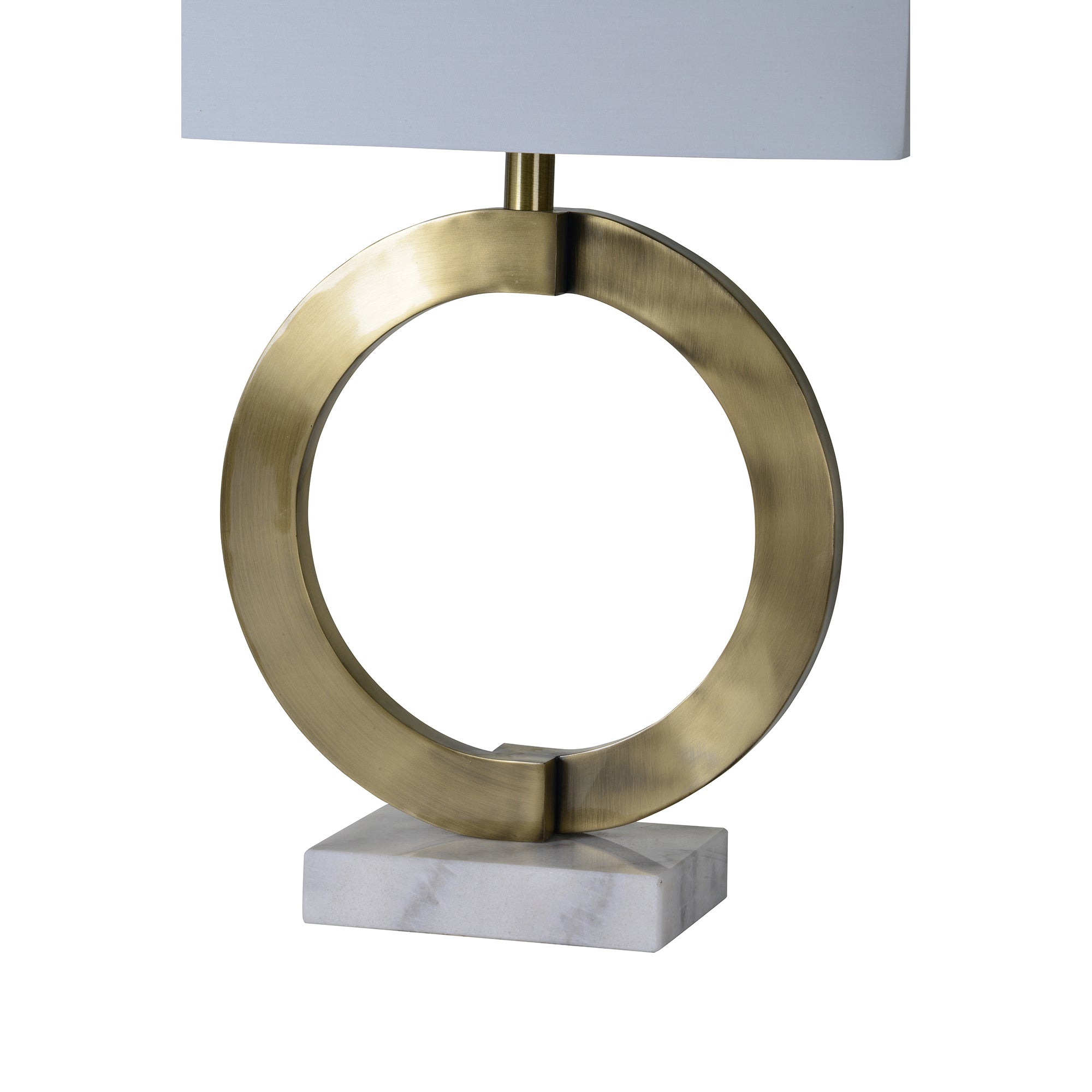 Skylar Table Lamp showcasing a brass circular frame and white shade from a side view.