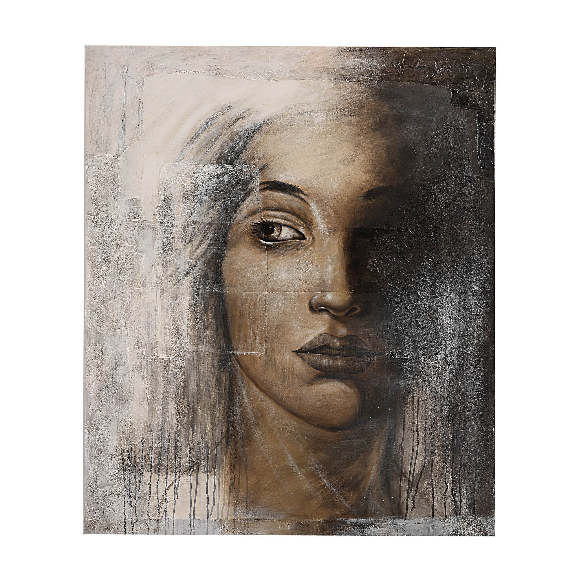 Cassandra Canvas Art featuring a woman's face in muted tones with textured background.