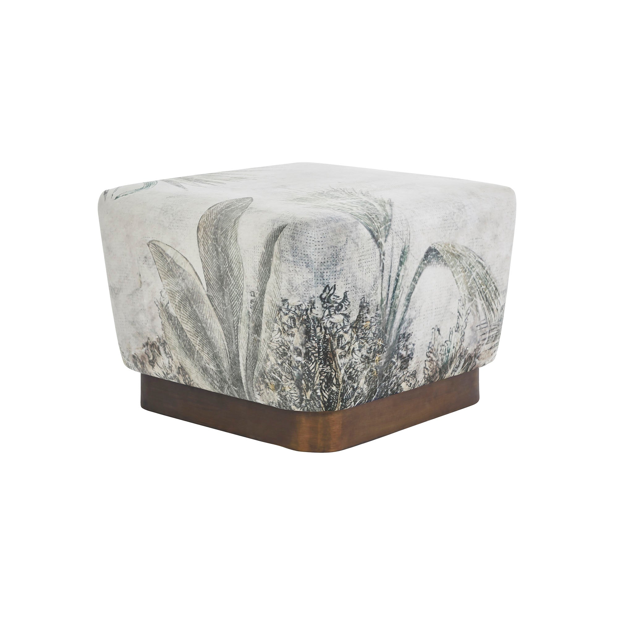 Tangle Ottoman with a botanical print fabric and a wooden base, viewed from the side.