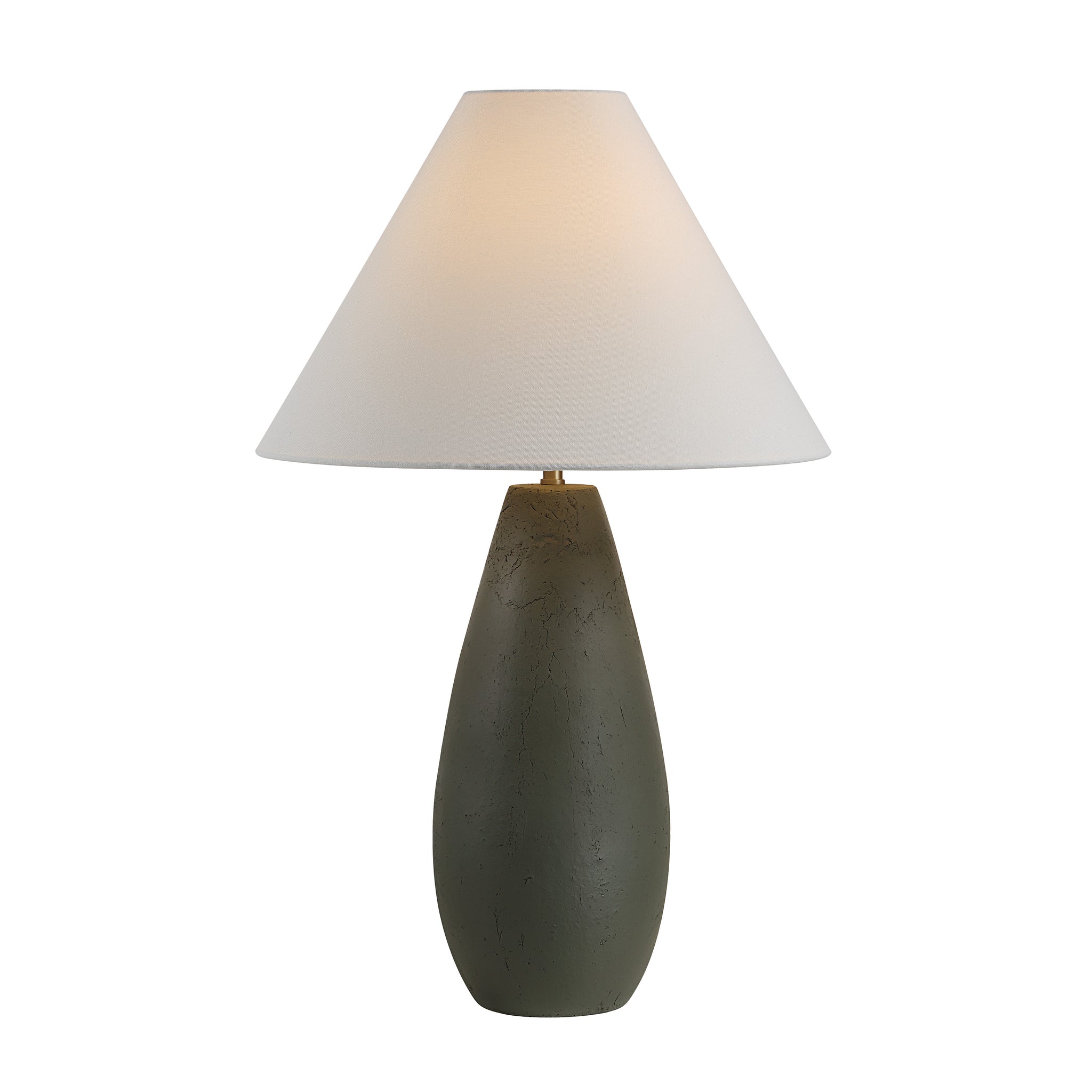 Olso Table Lamp illuminated with a soft glow, featuring a dark green base and white shade