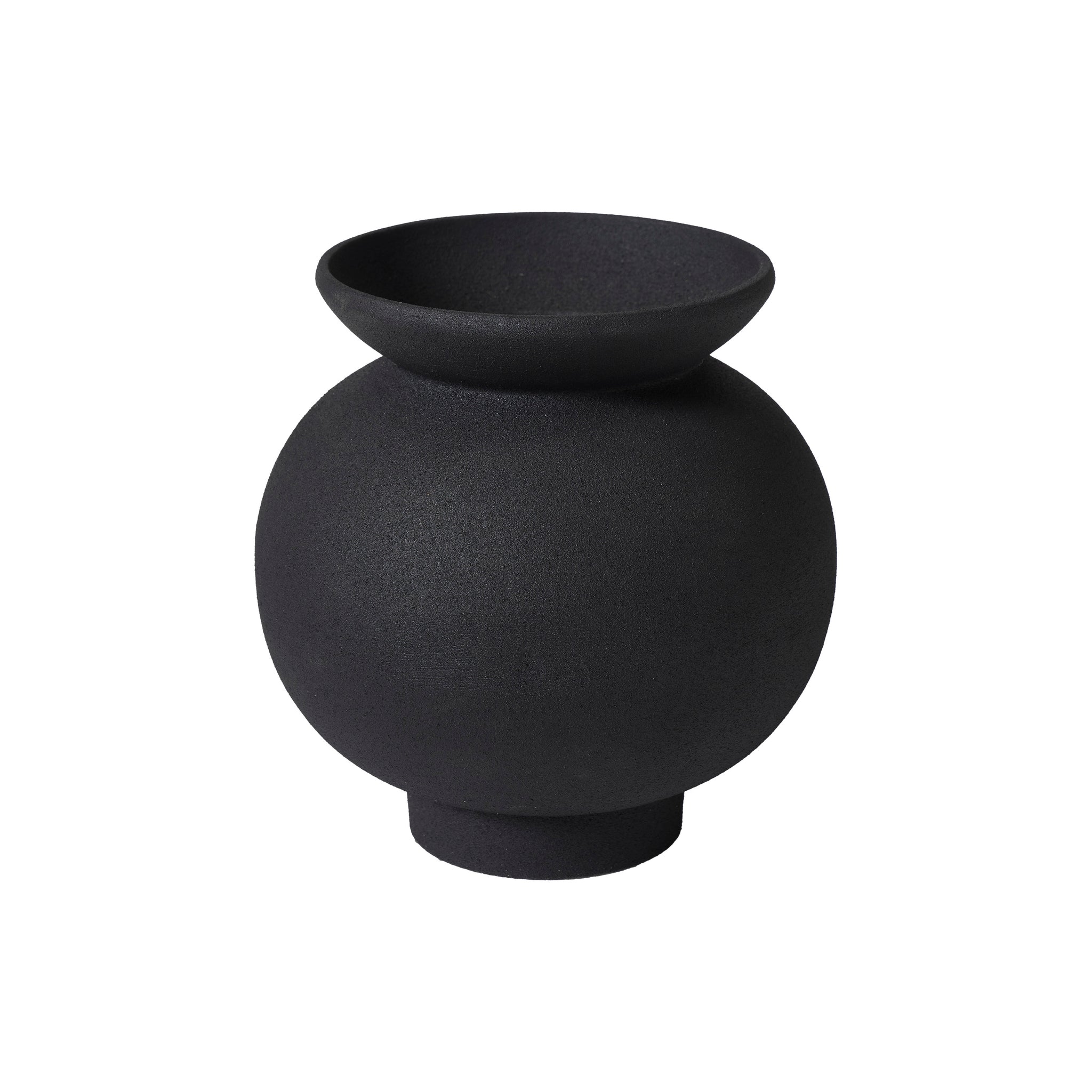 Cadiz vase by Renwil, round black ceramic vase with a wide lip and textured finish.