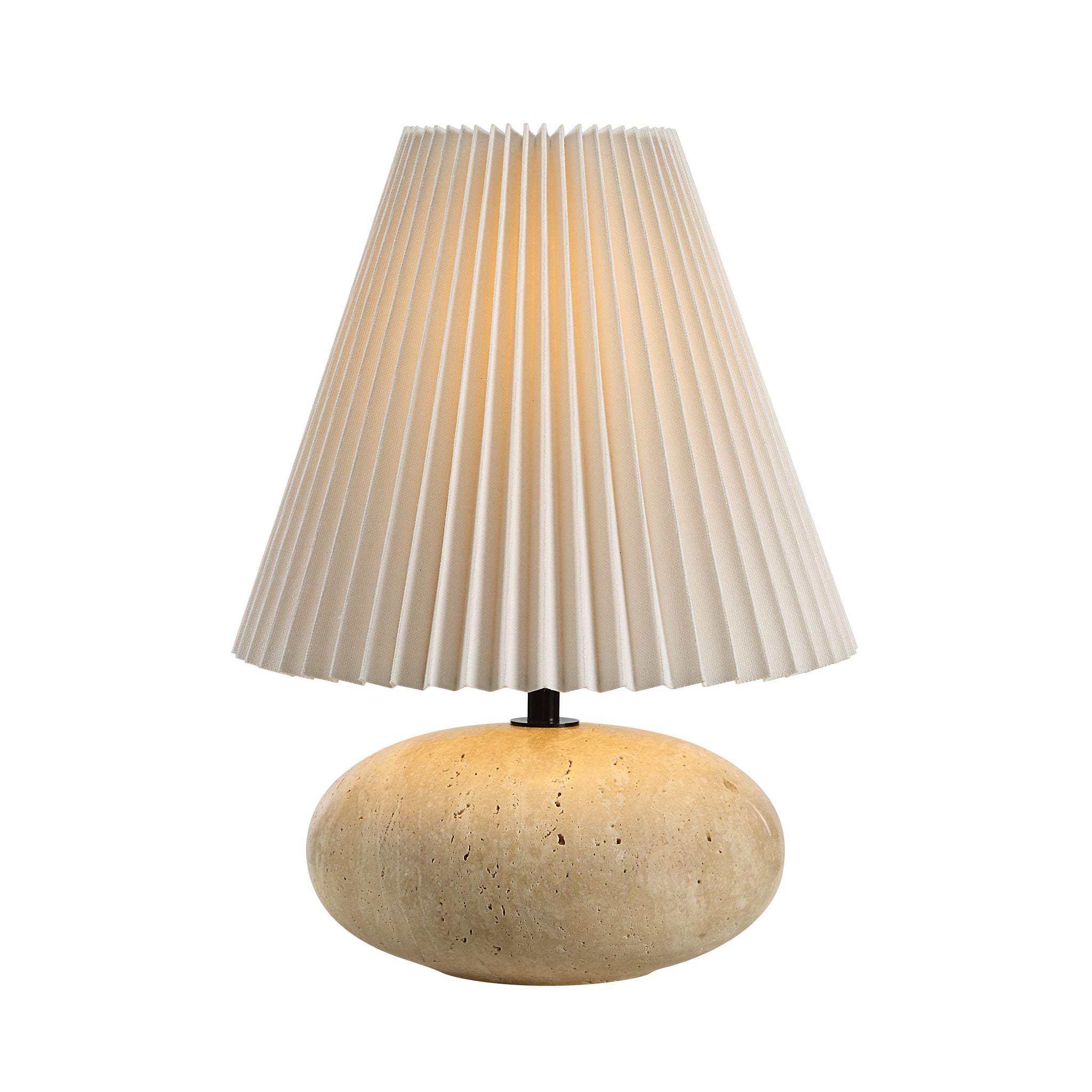 Noto Table Lamp by Renwil illuminated, featuring a beige pleated shade and stone base.