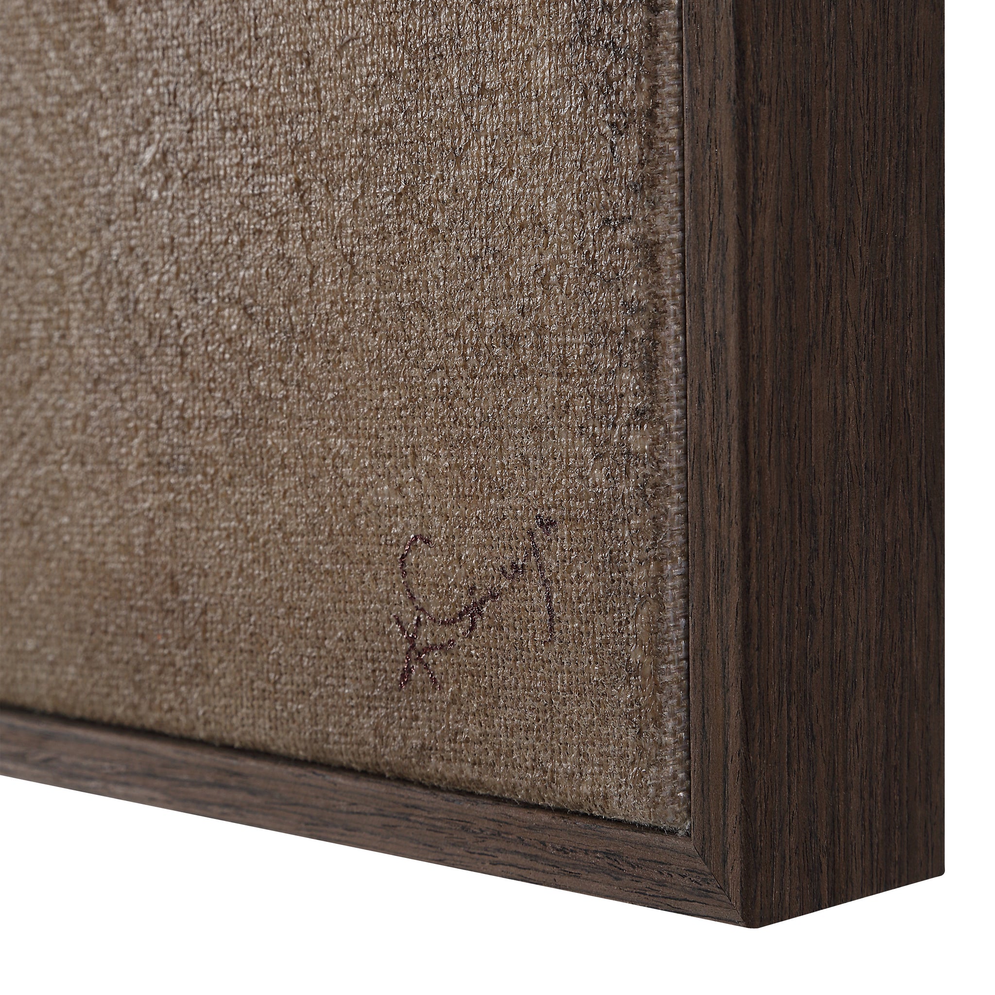 Close-up of Iberis canvas art showing textured surface and signature, framed in dark wood.