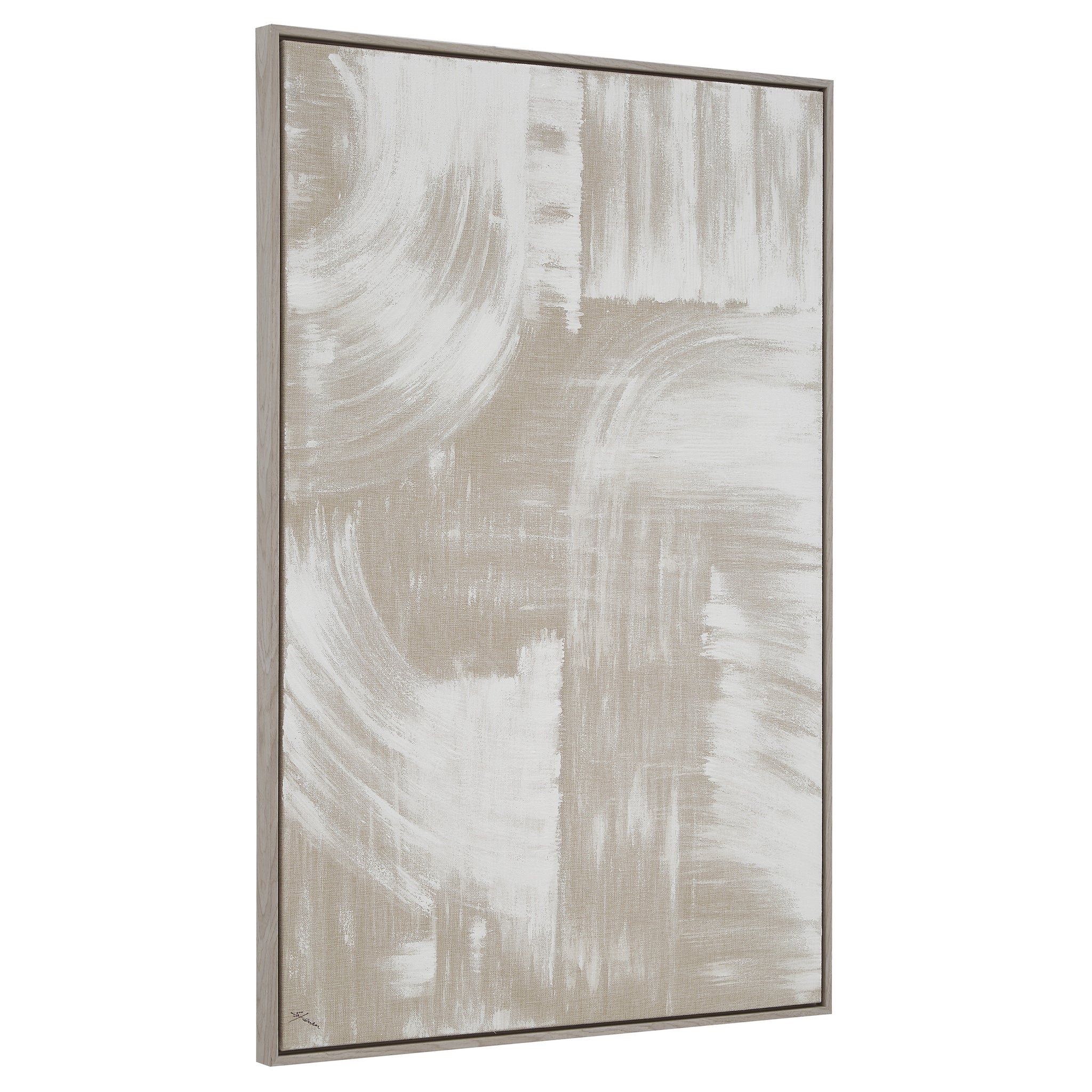 Quatro canvas art displayed at an angle, showcasing beige and white abstract brush strokes.
