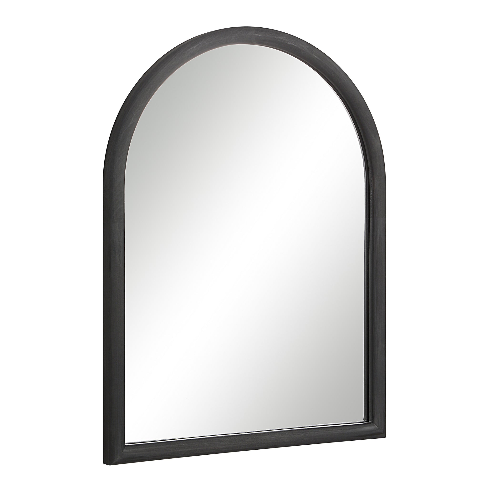 Olfito mirror featuring a black frame, arched design, angled view showing reflective surface.