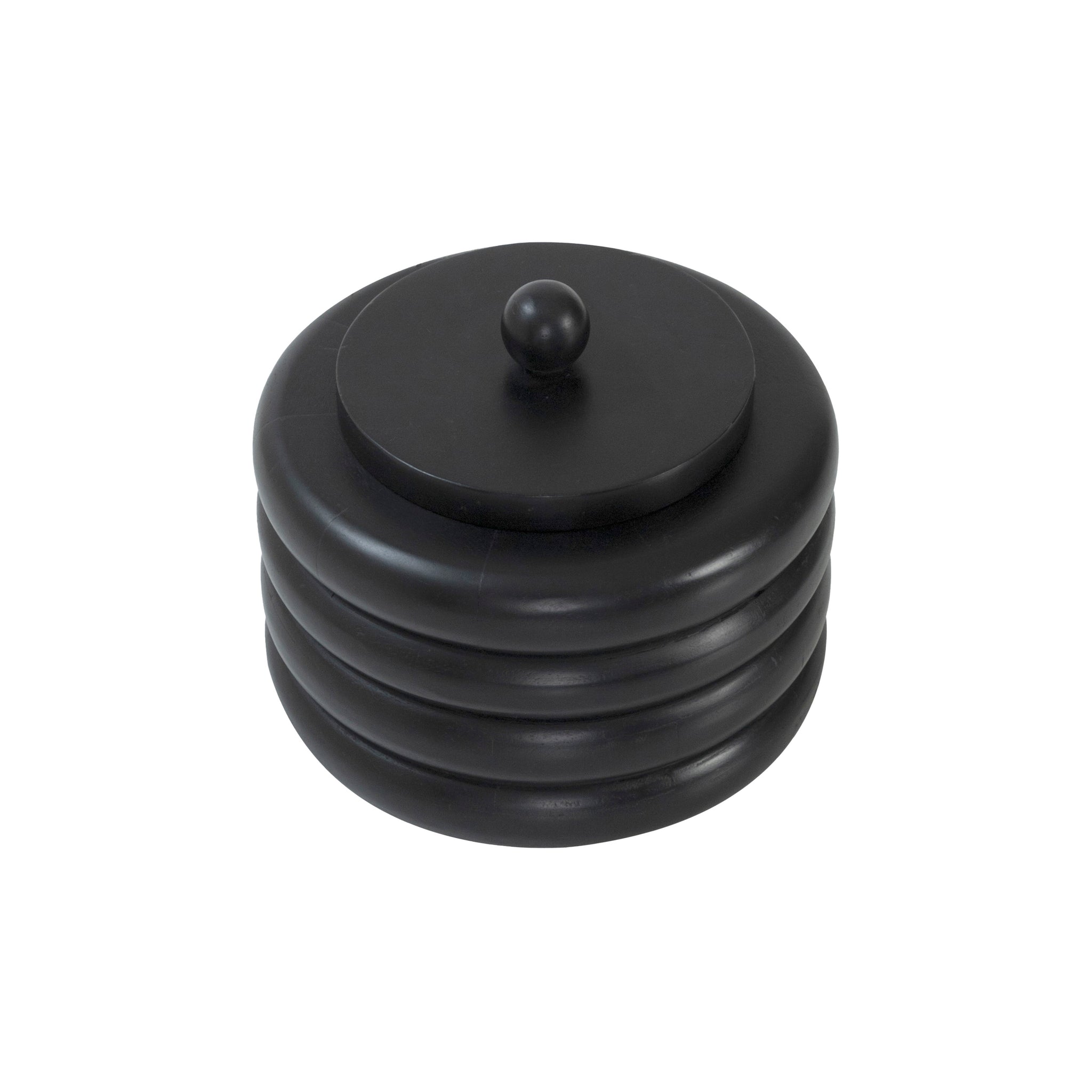 Cipher bookends by Renwil, top view of black stacked design with round knob.