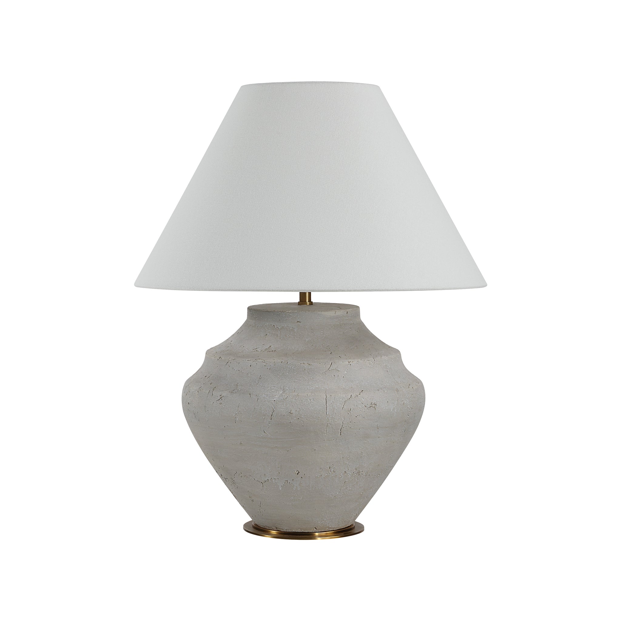 Iulia Table Lamp with a textured gray ceramic base and a white fabric shade