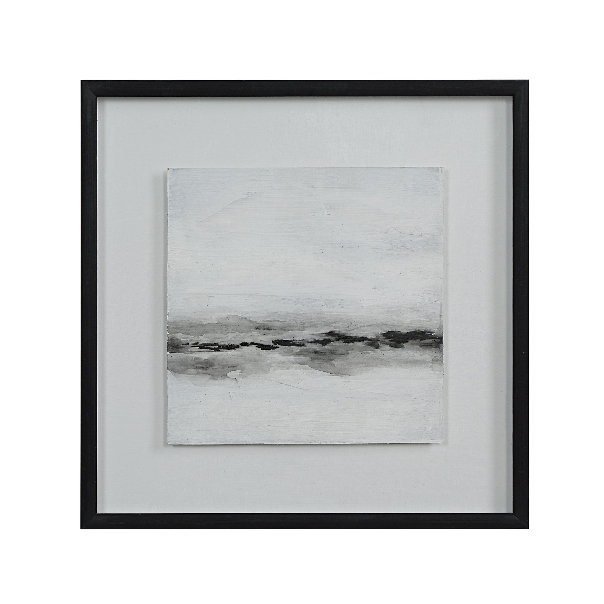 Tangelo wall art with an abstract landscape in gray and black tones, framed in black