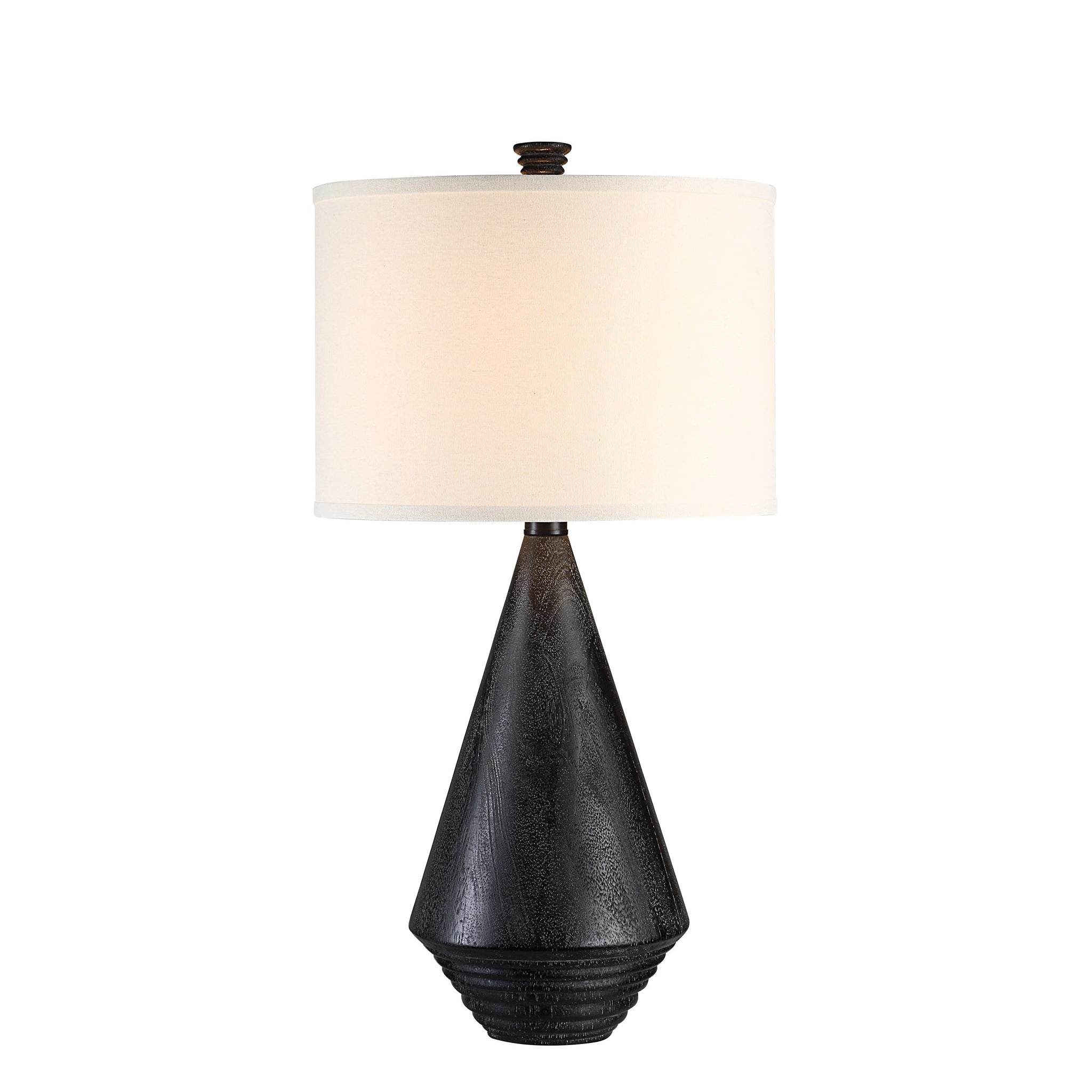 Tortora Table Lamp featuring a black base and soft white shade, front view.