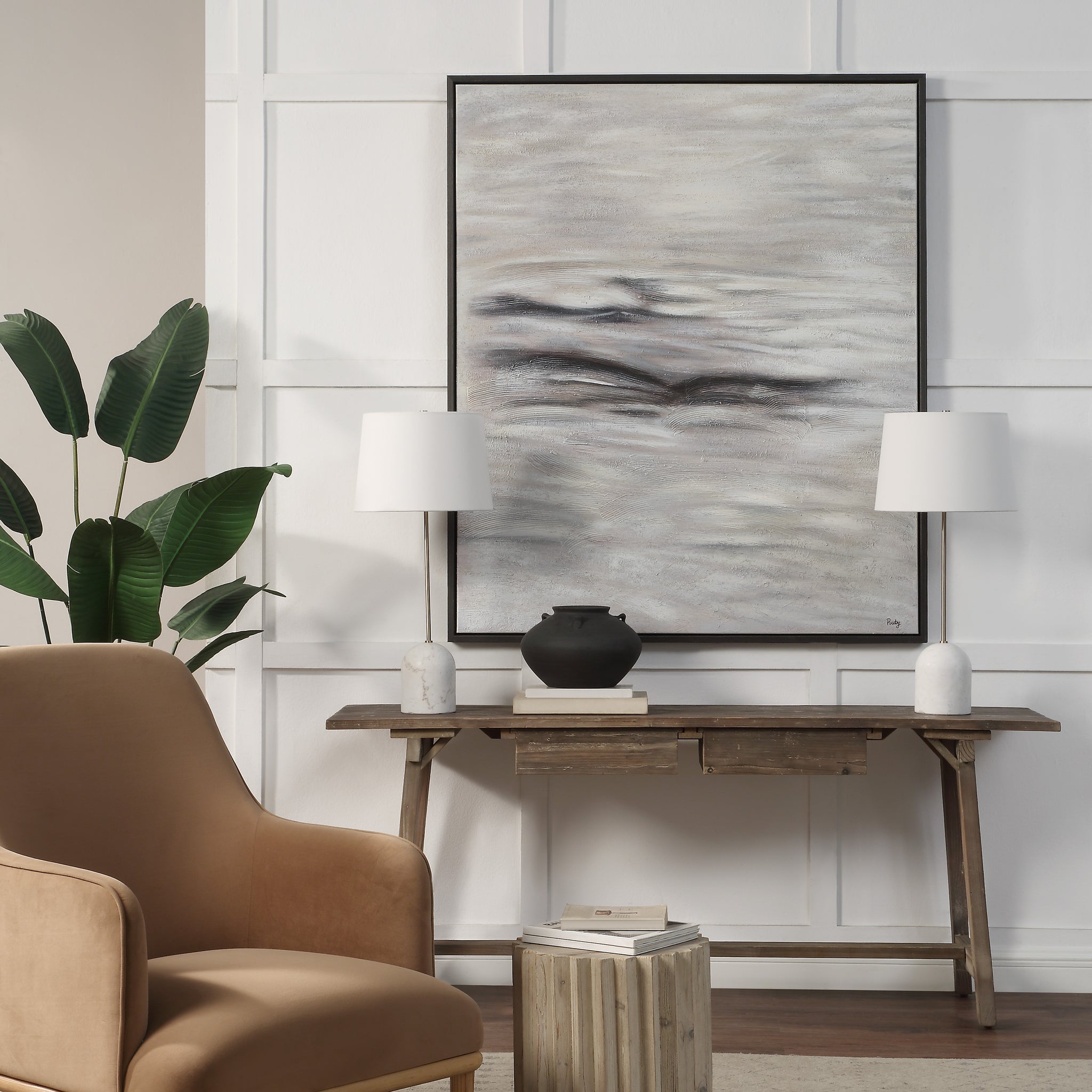 Baelish Canvas Art displayed in a modern living room with a chair, table, and lamps